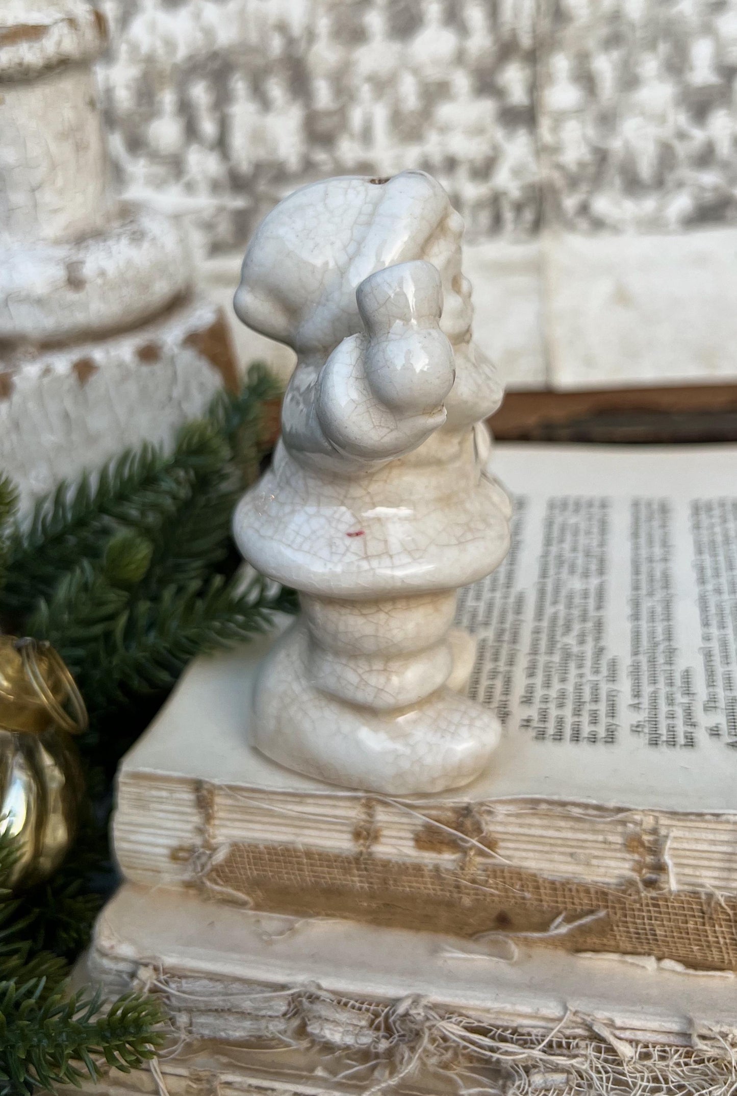 Vintage Ironstone Santa Claus Salt Shaker Creamy WHITE Farmhouse Christmas Decor Bell Stained Crazing