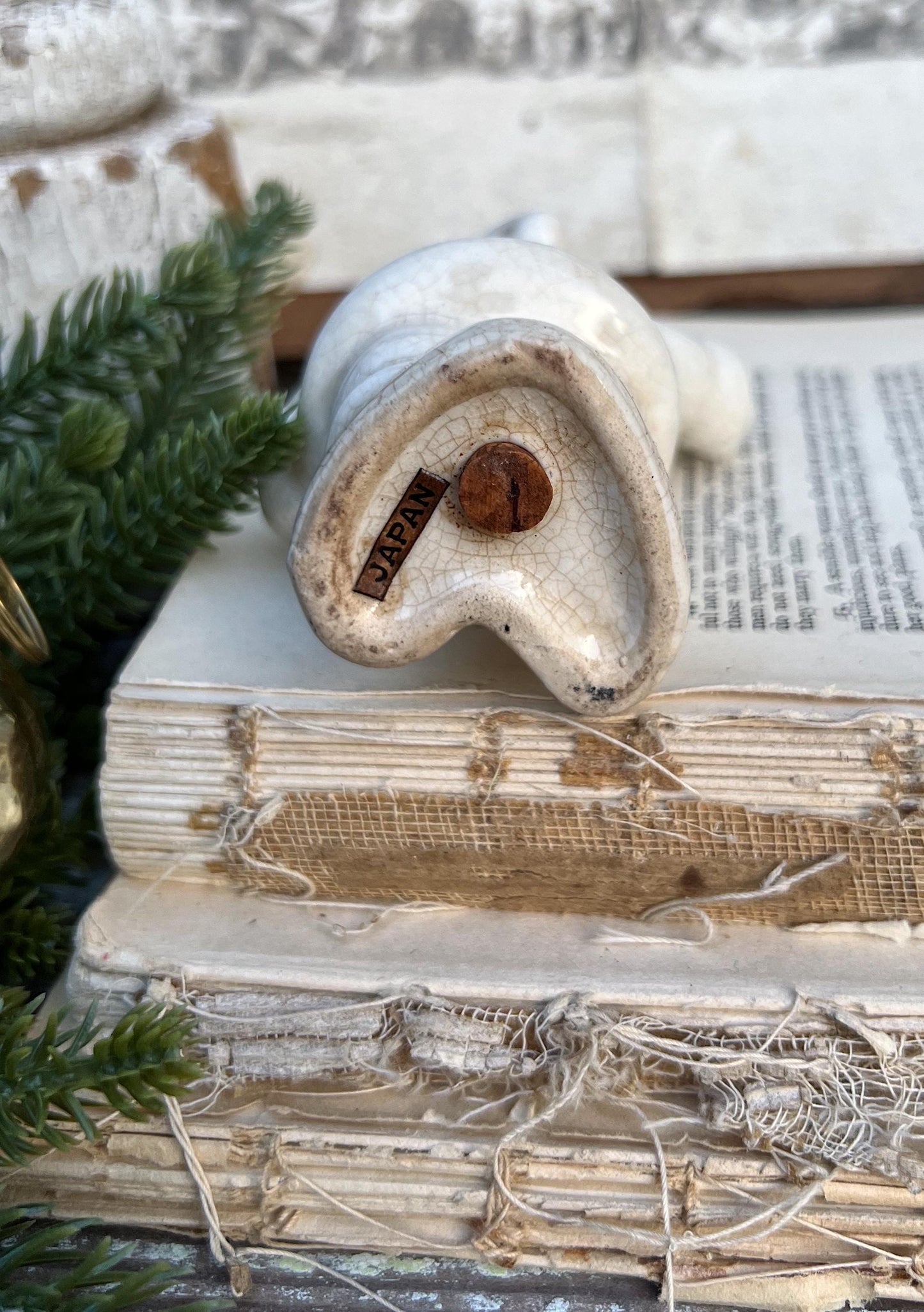 Vintage Ironstone Santa Claus Salt Shaker Creamy WHITE Farmhouse Christmas Decor Bell Stained Crazing