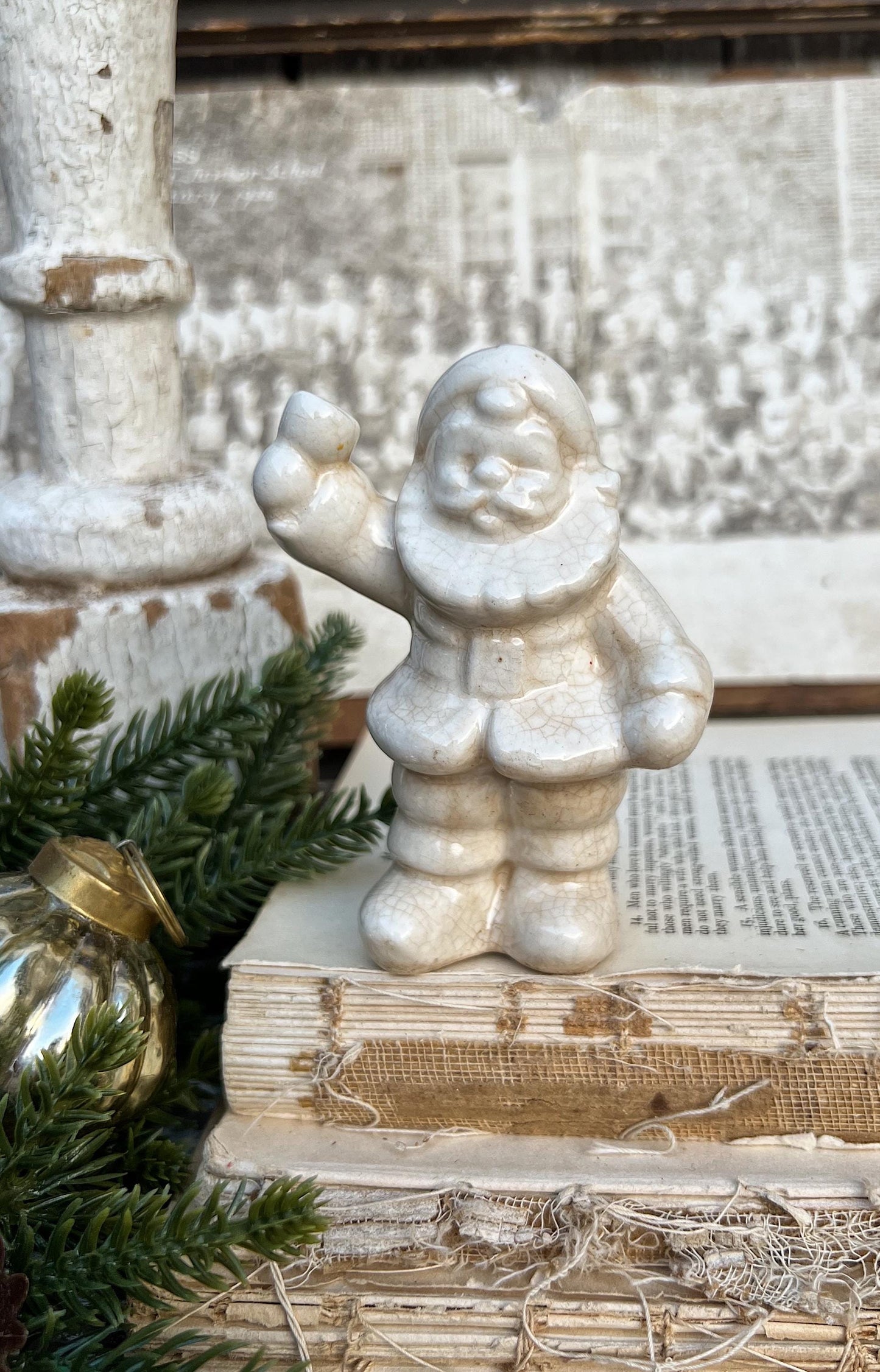Vintage Ironstone Santa Claus Salt Shaker Creamy WHITE Farmhouse Christmas Decor Bell Stained Crazing