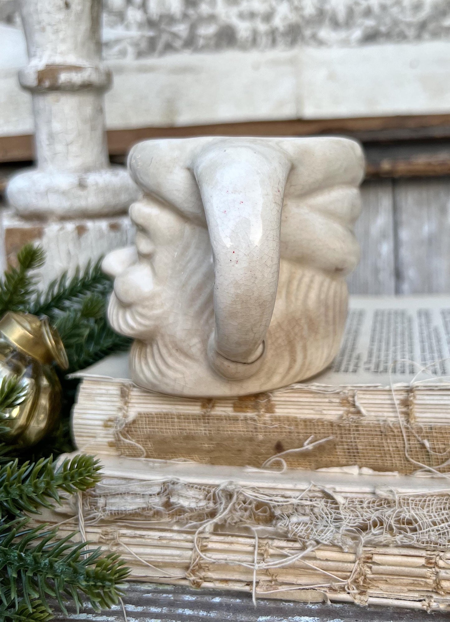 Vintage Ironstone Santa Claus Cup Mug FULL SIZE Creamy White Santa Farmhouse Christmas Decor RARE Japan Crazing Grungy Crazed