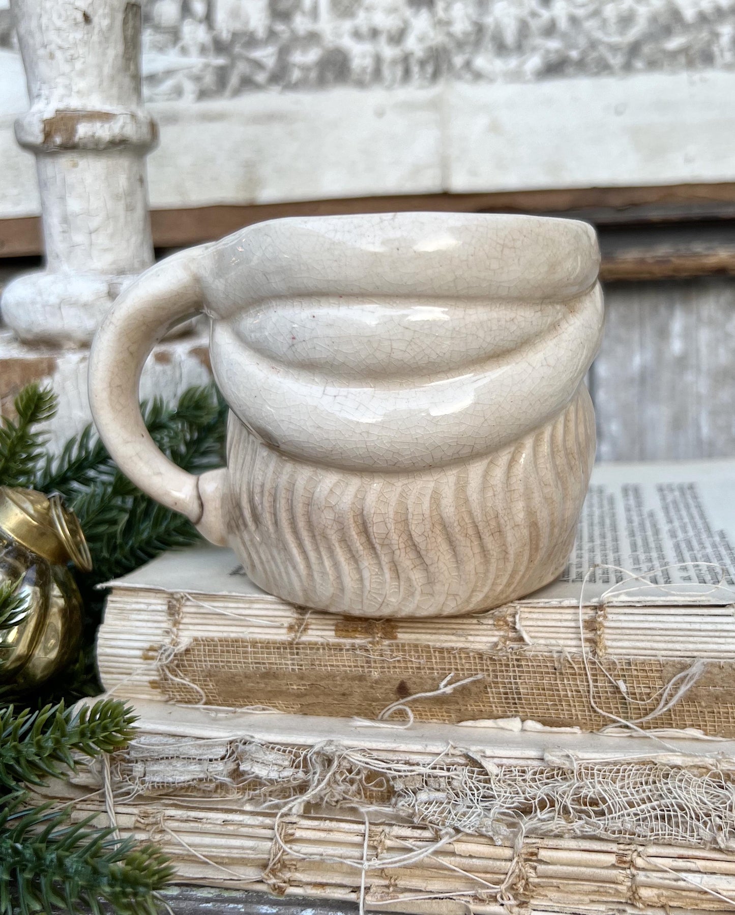 Vintage Ironstone Santa Claus Cup Mug FULL SIZE Creamy White Santa Farmhouse Christmas Decor RARE Japan Crazing Grungy Crazed