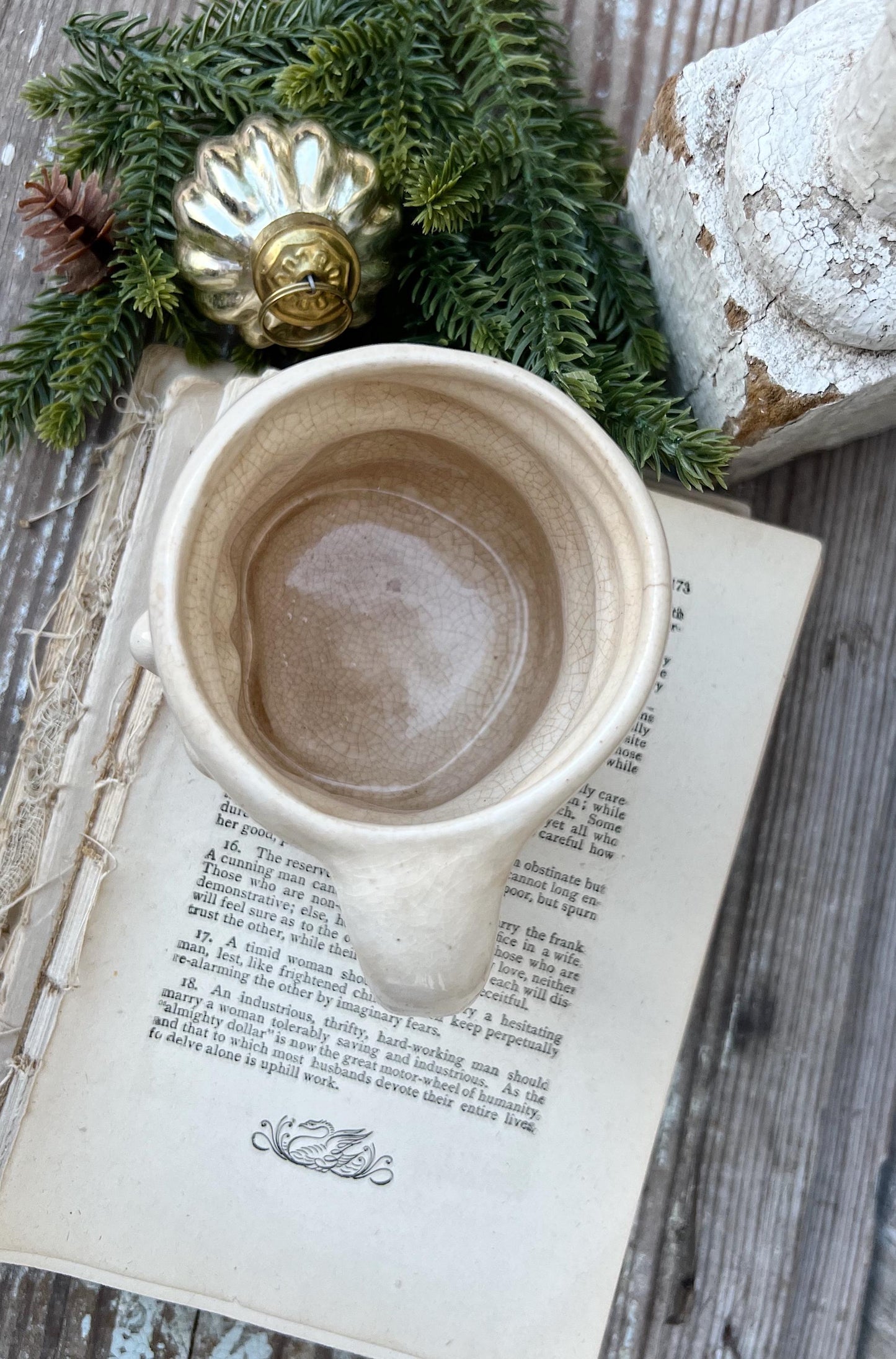 Vintage Ironstone Santa Claus Cup Mug FULL SIZE Creamy White Santa Farmhouse Christmas Decor RARE Japan Crazing Grungy Crazed