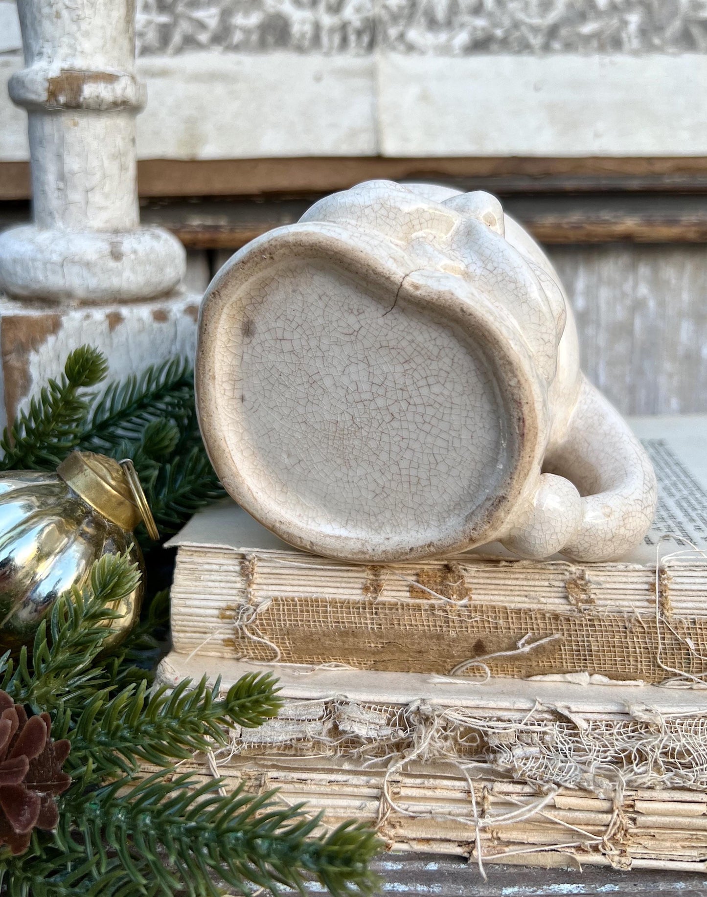 Vintage Ironstone Santa Claus Cup Mug FULL SIZE Creamy White Santa Farmhouse Christmas Decor RARE Japan Crazing Grungy Crazed