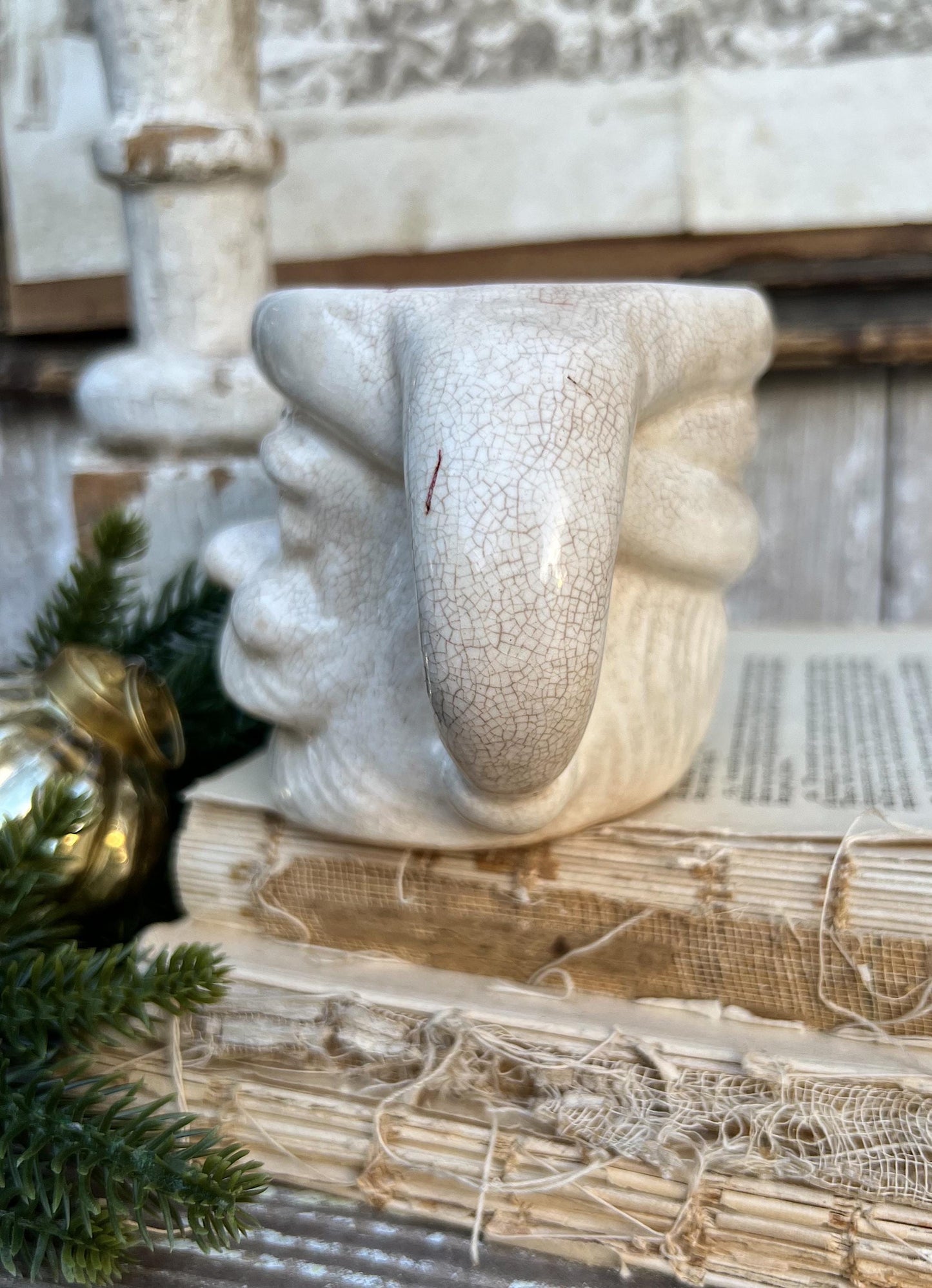 Vintage Ironstone Santa Claus Cup Mug FULL SIZE Creamy White Santa Farmhouse Christmas Decor RARE Japan Crazing Grungy Crazed