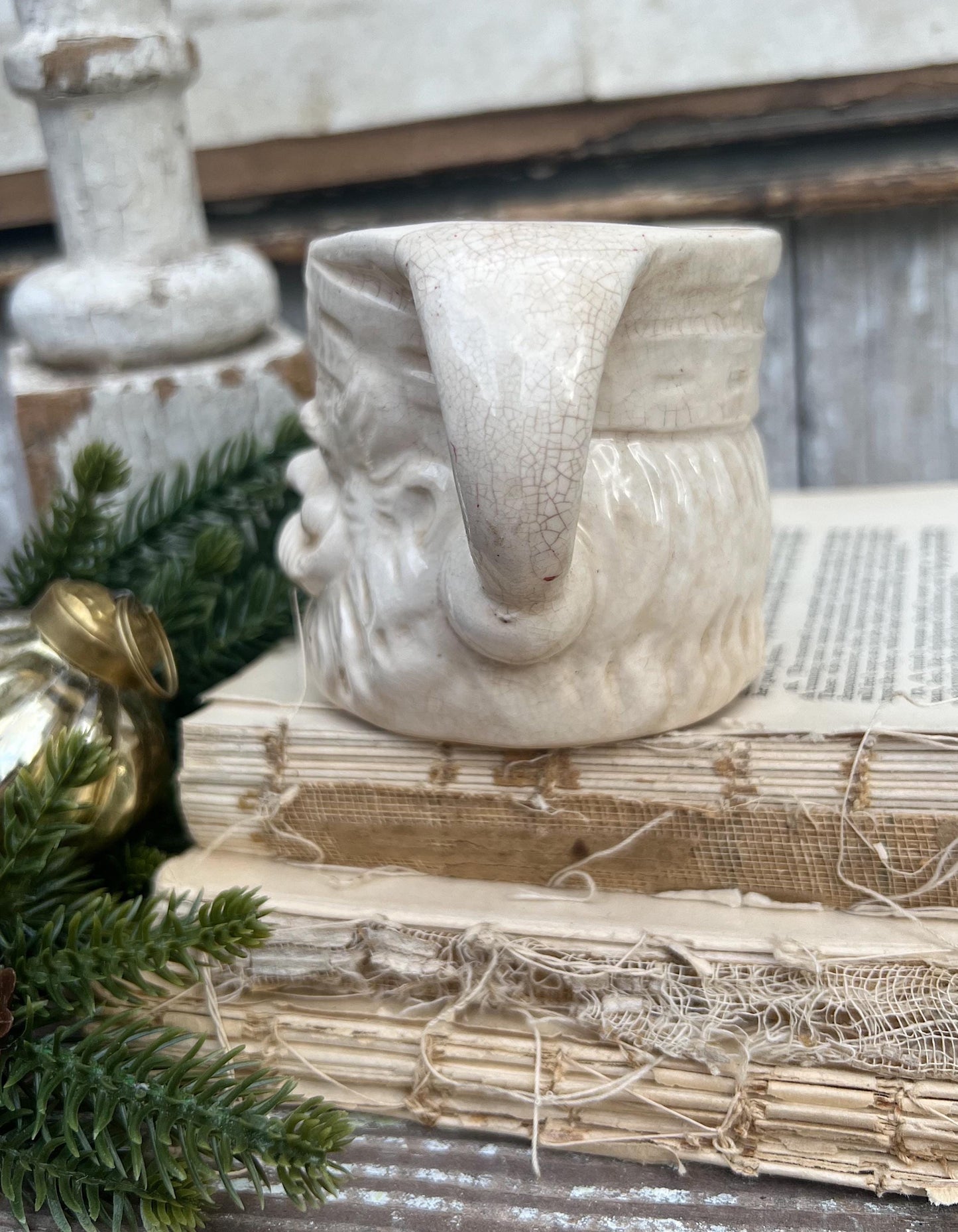 Vintage Ironstone Santa Claus Cup Mug FULL SIZE Creamy White Santa Farmhouse Christmas Decor RARE Japan Crazing Grungy Heavily Crazed