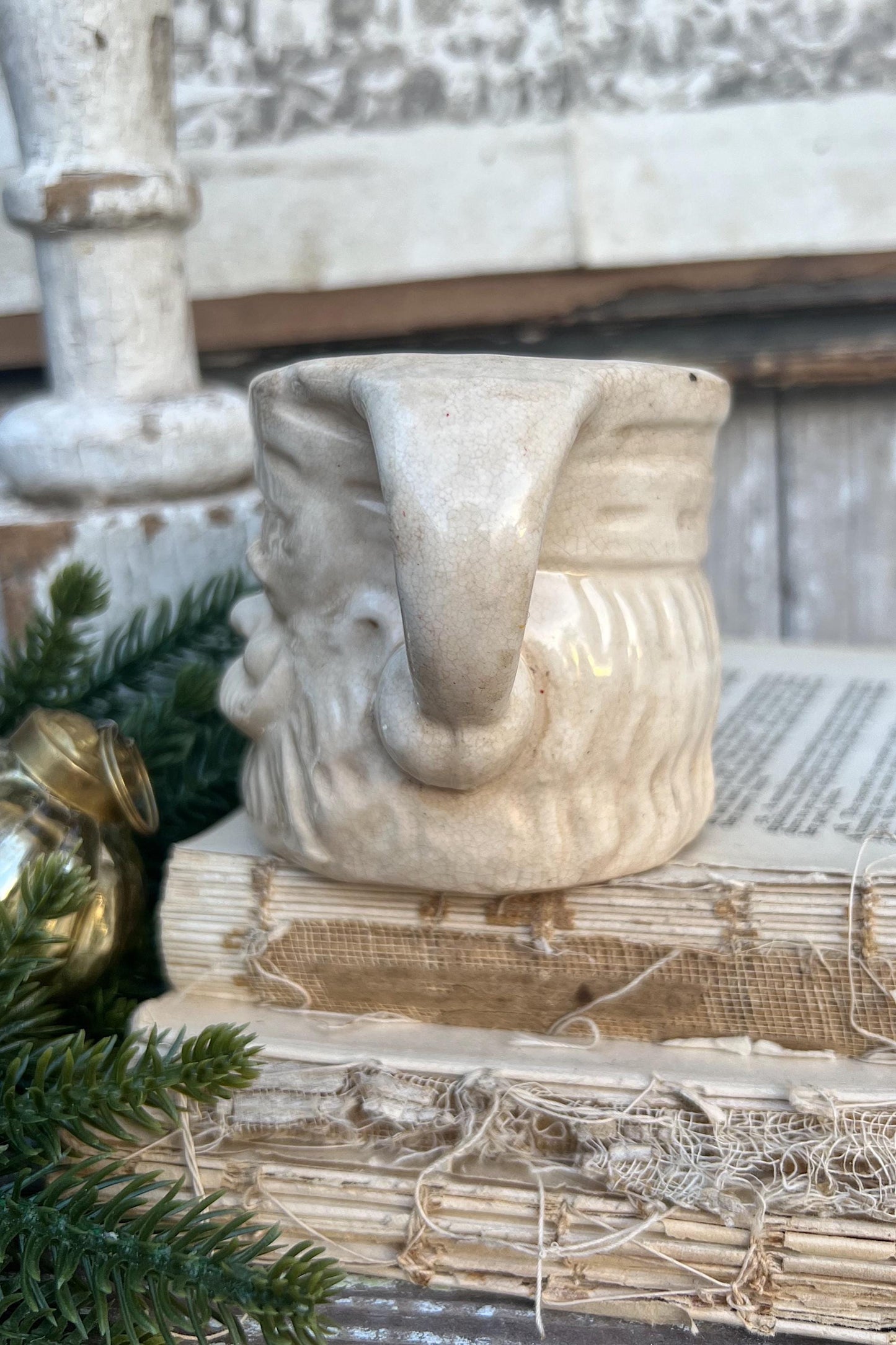 Vintage Ironstone Santa Claus Cup Mug FULL SIZE Creamy White Santa Farmhouse Christmas Decor RARE Japan Crazing Grungy Heavily Crazed