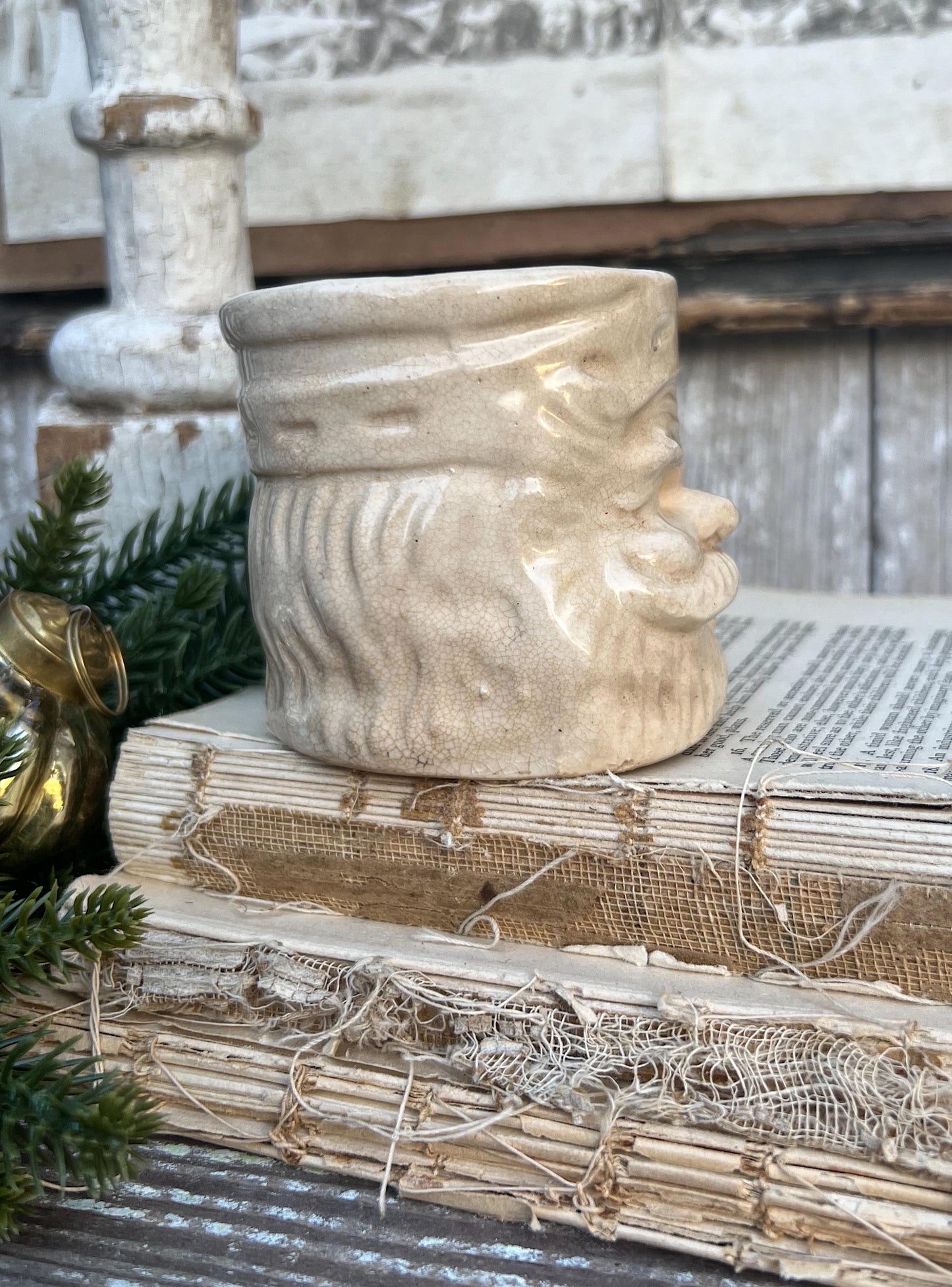 Vintage Ironstone Santa Claus Cup Mug FULL SIZE Creamy White Santa Farmhouse Christmas Decor RARE Japan Crazing Grungy Heavily Crazed