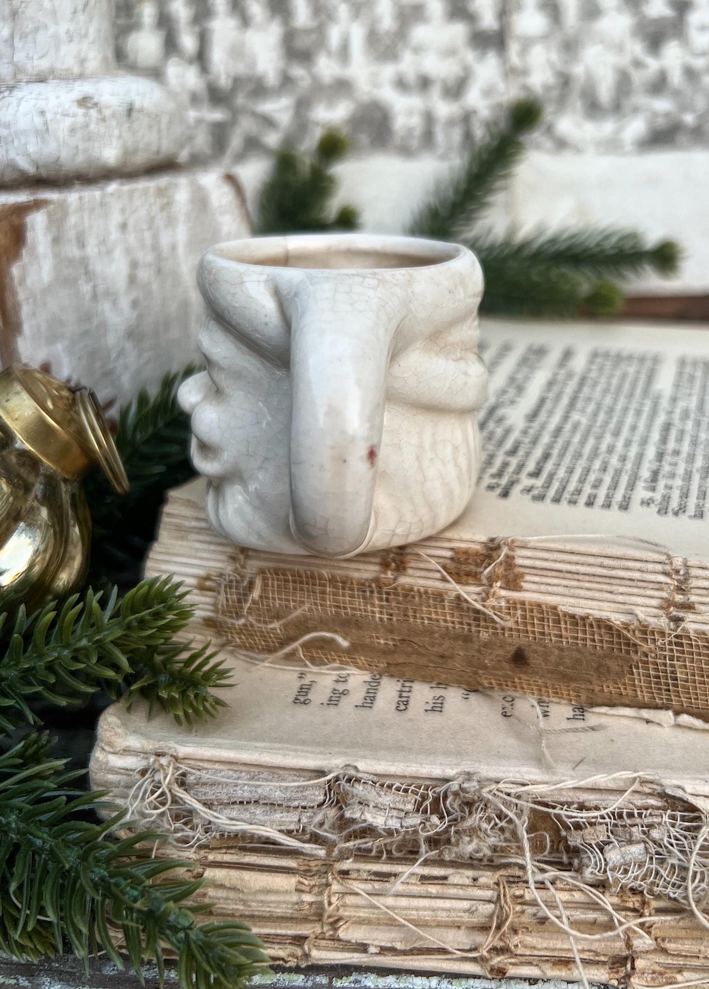 Vintage Ironstone Santa Claus Cup Mini Mug Santa Crazed Stained CREAMY WHITE Farmhouse Christmas Decor