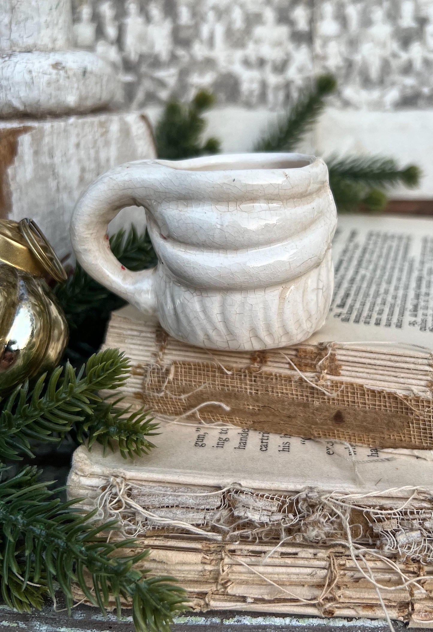 Vintage Ironstone Santa Claus Cup Mini Mug Santa Crazed Stained CREAMY WHITE Farmhouse Christmas Decor