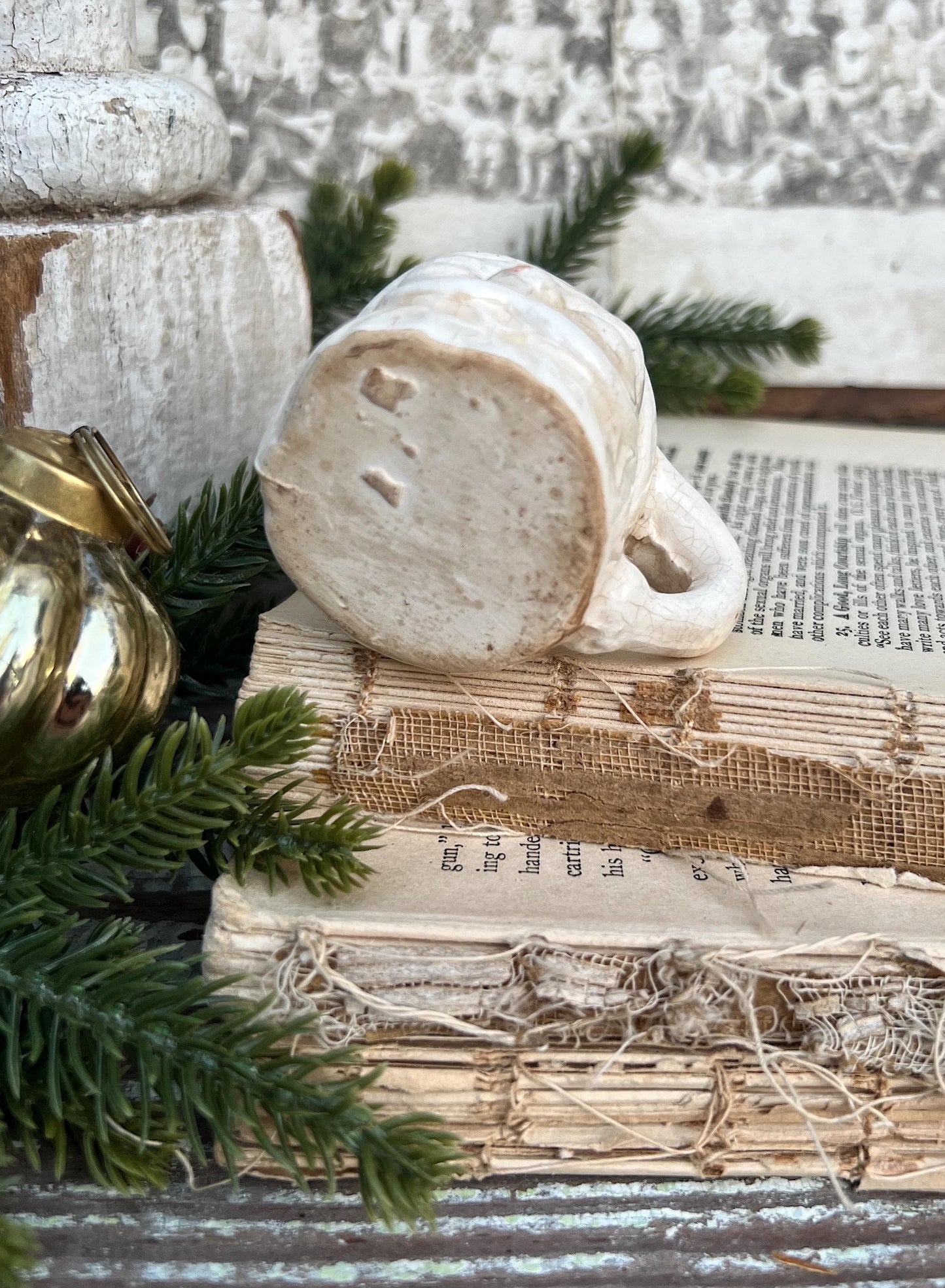 Vintage Ironstone Santa Claus Cup Mini Mug Santa Crazed Stained CREAMY WHITE Farmhouse Christmas Decor