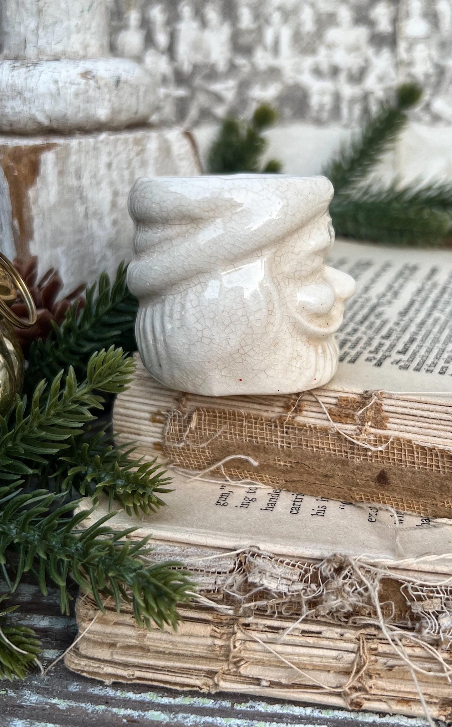 Vintage Ironstone Santa Claus Cup Mini Mug Santa Crazed Stained CREAMY WHITE Farmhouse Christmas Decor