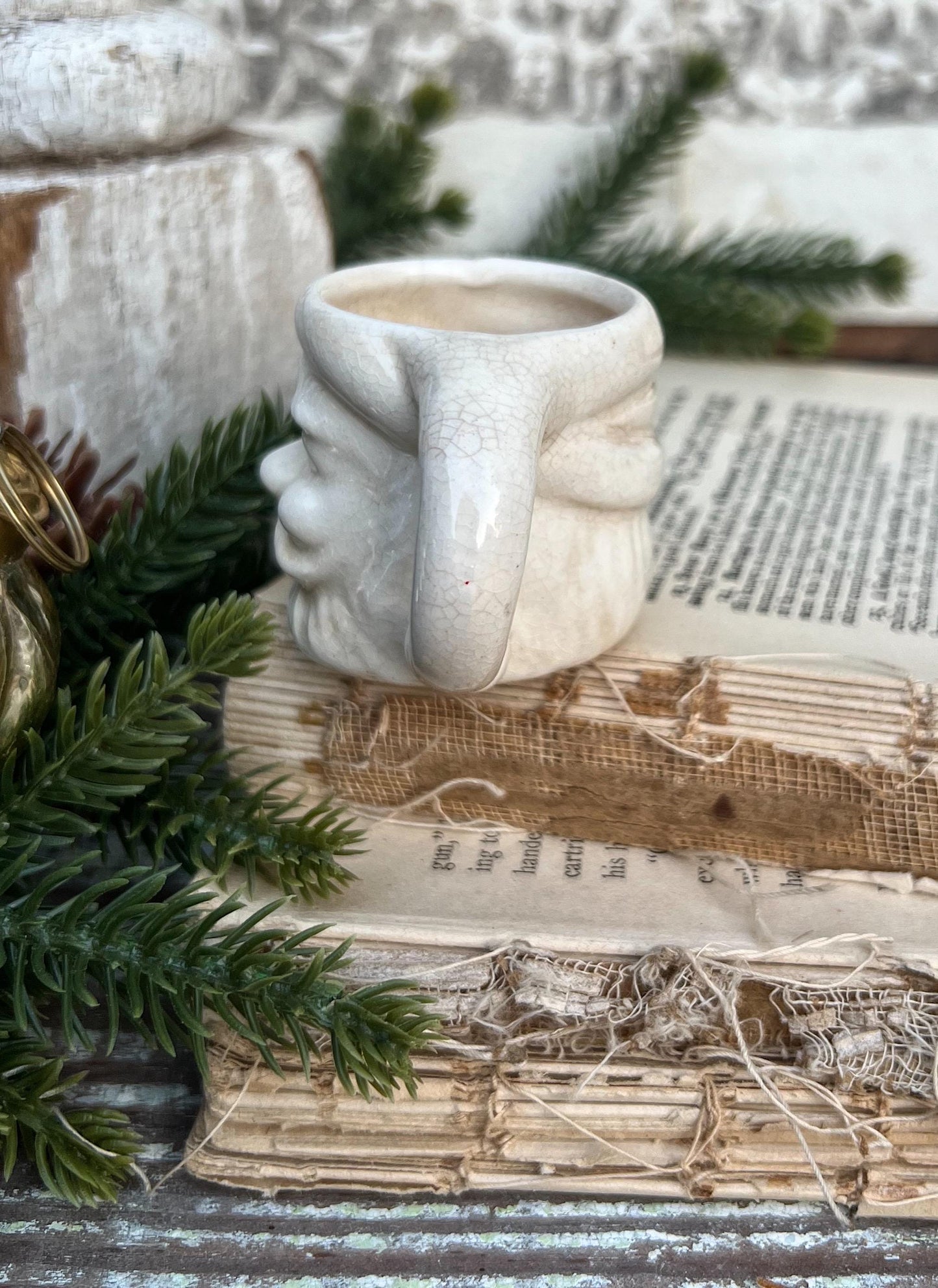 Vintage Ironstone Santa Claus Cup Mini Mug Santa Crazed Stained CREAMY WHITE Farmhouse Christmas Decor