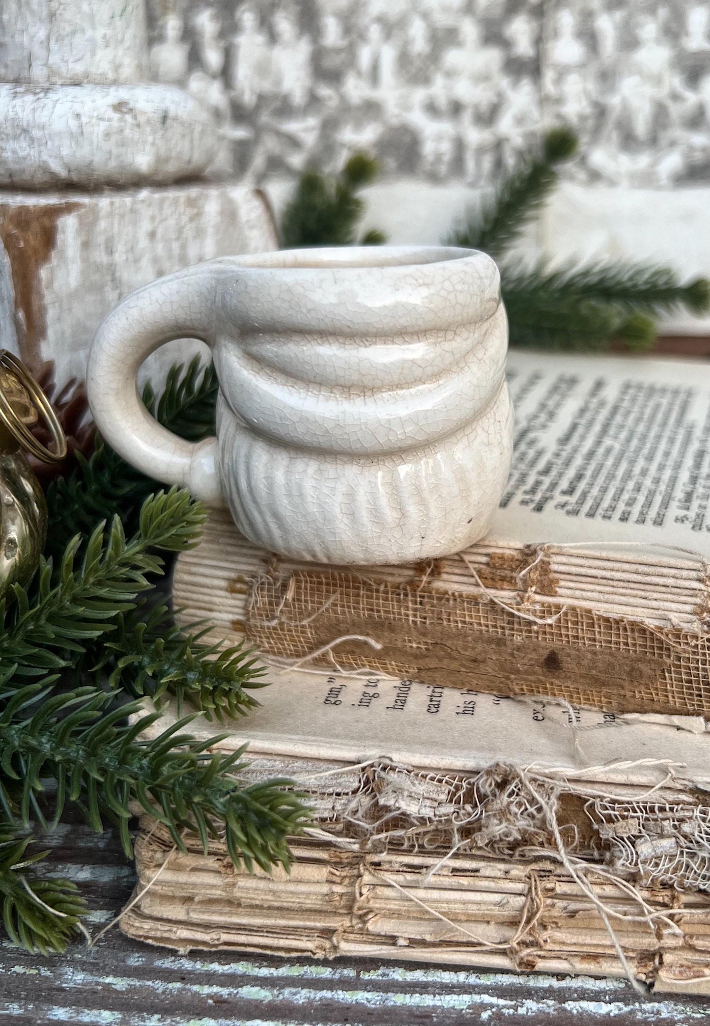 Vintage Ironstone Santa Claus Cup Mini Mug Santa Crazed Stained CREAMY WHITE Farmhouse Christmas Decor