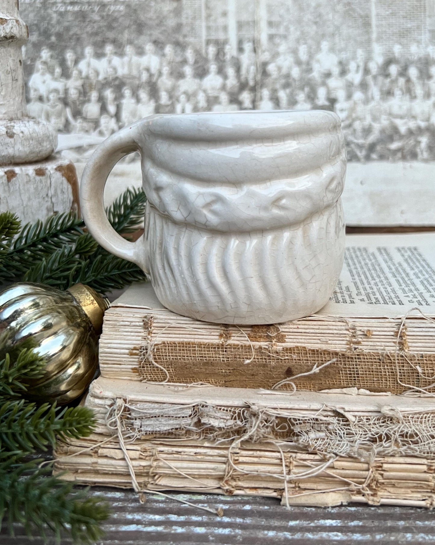 Vintage Ironstone Santa Claus Cup Mug FULL SIZE Creamy White Santa Farmhouse Christmas Decor RARE Japan Crazing Grungy Crazed