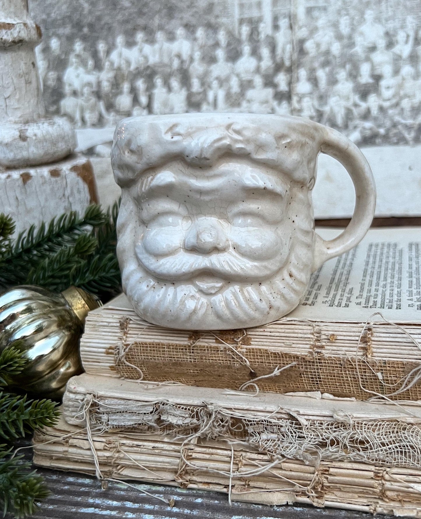 Vintage Ironstone Santa Claus Cup Mug FULL SIZE Creamy White Santa Farmhouse Christmas Decor RARE Japan Crazing Grungy Crazed
