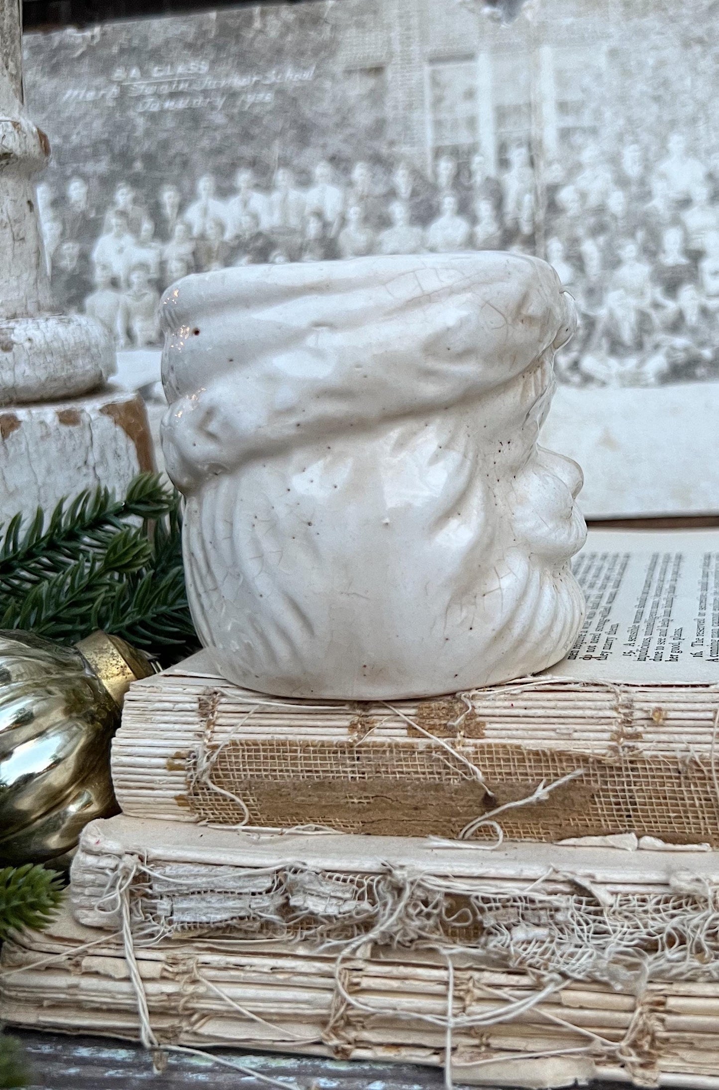 Vintage Ironstone Santa Claus Cup Mug FULL SIZE Creamy White Santa Farmhouse Christmas Decor RARE Japan Crazing Grungy Crazed
