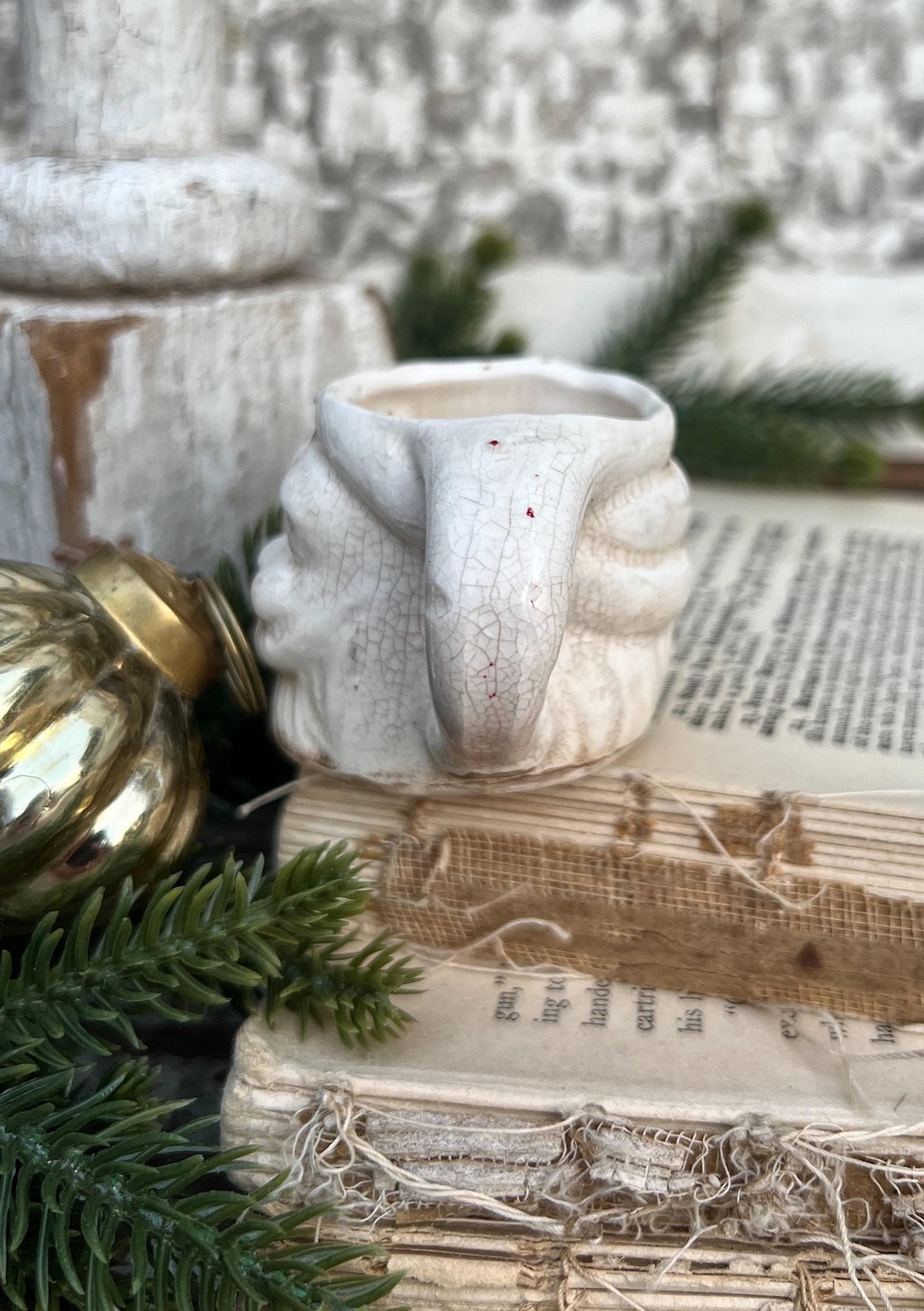 Vintage Ironstone Santa Claus Cup Mini Mug Santa Crazed Stained CREAMY WHITE Farmhouse Christmas Decor
