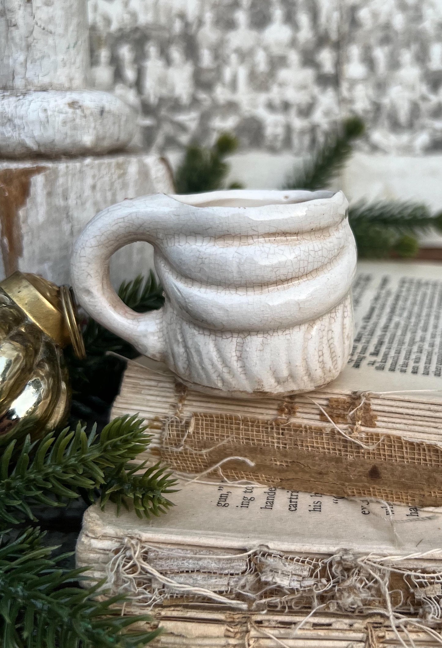 Vintage Ironstone Santa Claus Cup Mini Mug Santa Crazed Stained CREAMY WHITE Farmhouse Christmas Decor