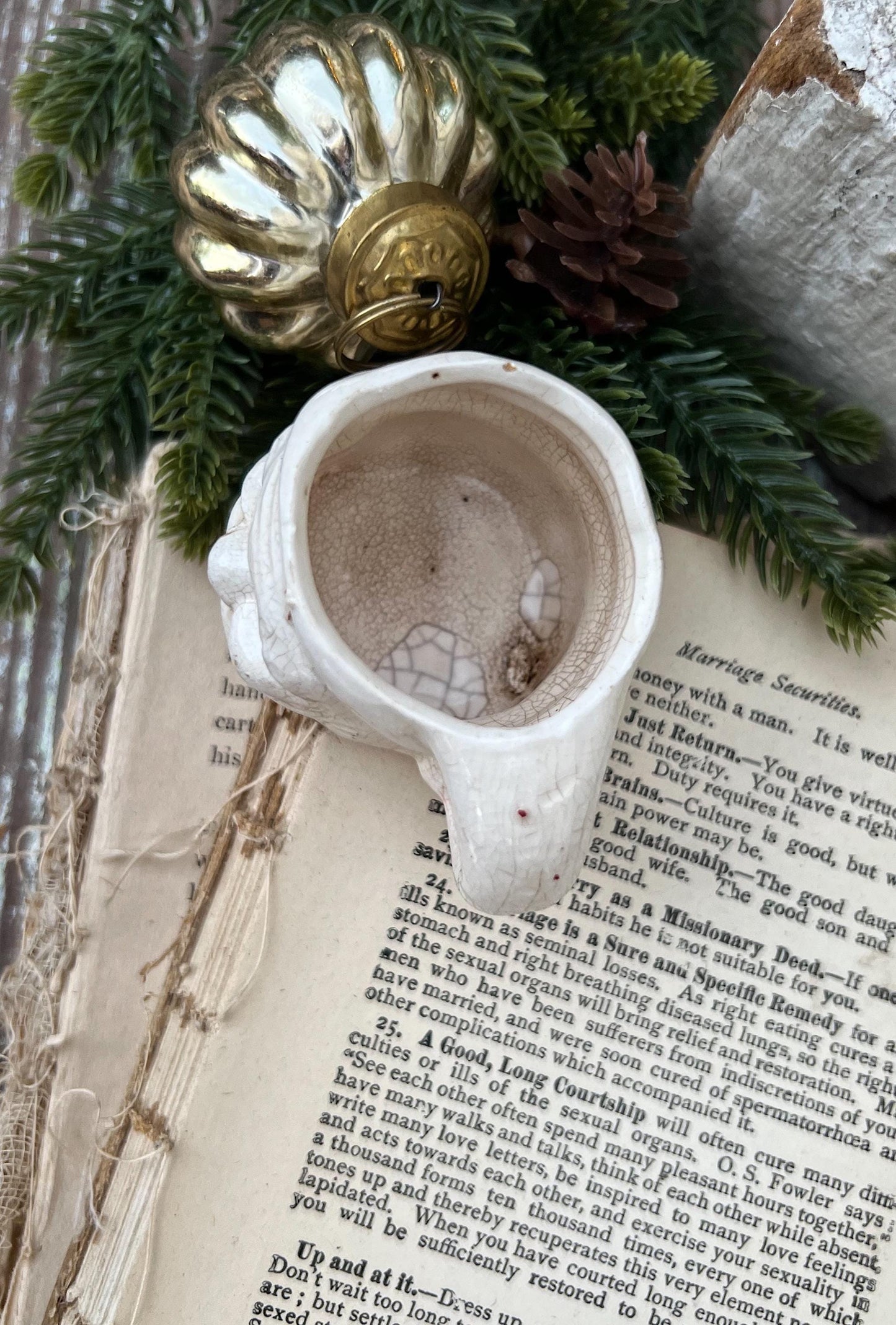 Vintage Ironstone Santa Claus Cup Mini Mug Santa Crazed Stained CREAMY WHITE Farmhouse Christmas Decor