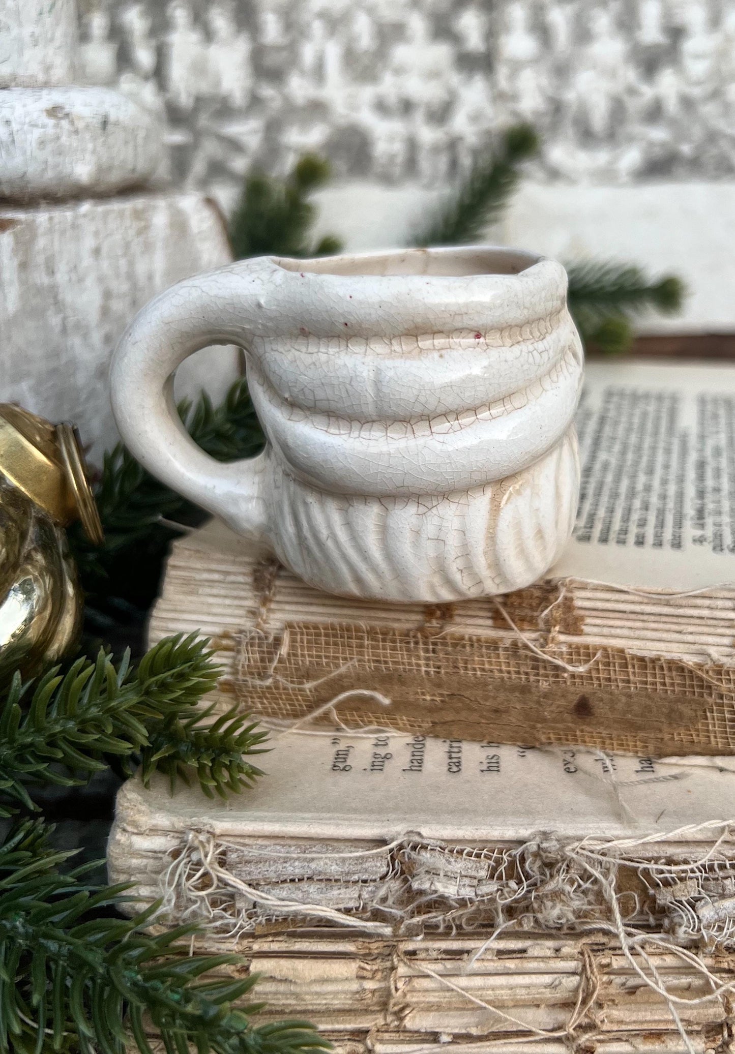 Vintage Ironstone Santa Claus Cup Mini Mug Santa Crazed Stained CREAMY WHITE Farmhouse Christmas Decor