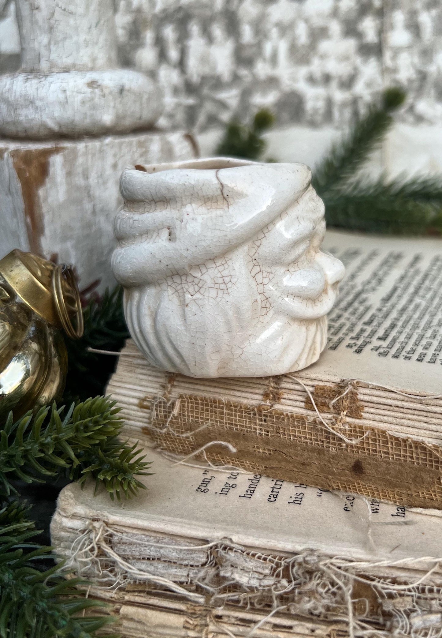 Vintage Ironstone Santa Claus Cup Mini Mug Santa Crazed Stained CREAMY WHITE Farmhouse Christmas Decor