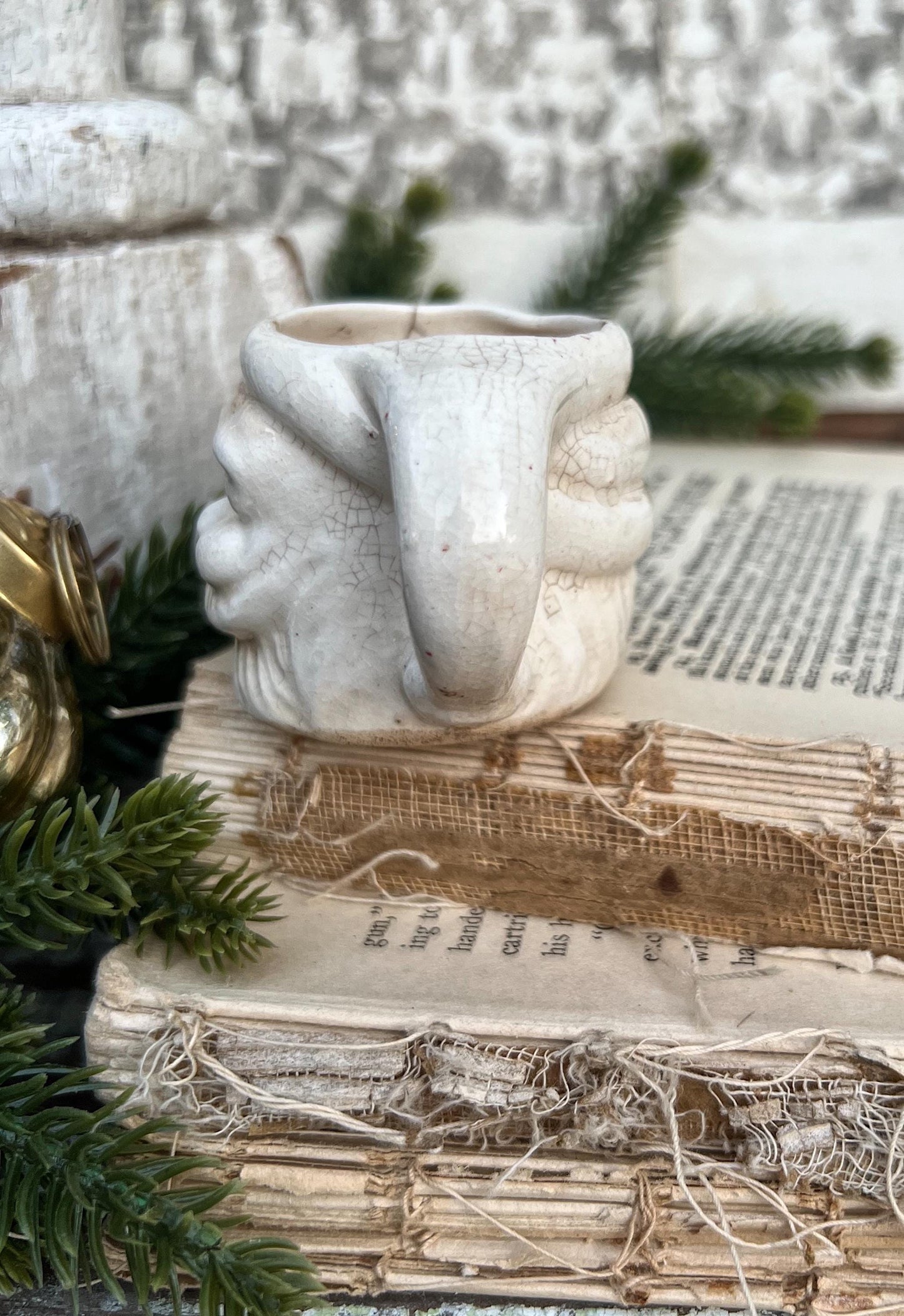 Vintage Ironstone Santa Claus Cup Mini Mug Santa Crazed Stained CREAMY WHITE Farmhouse Christmas Decor