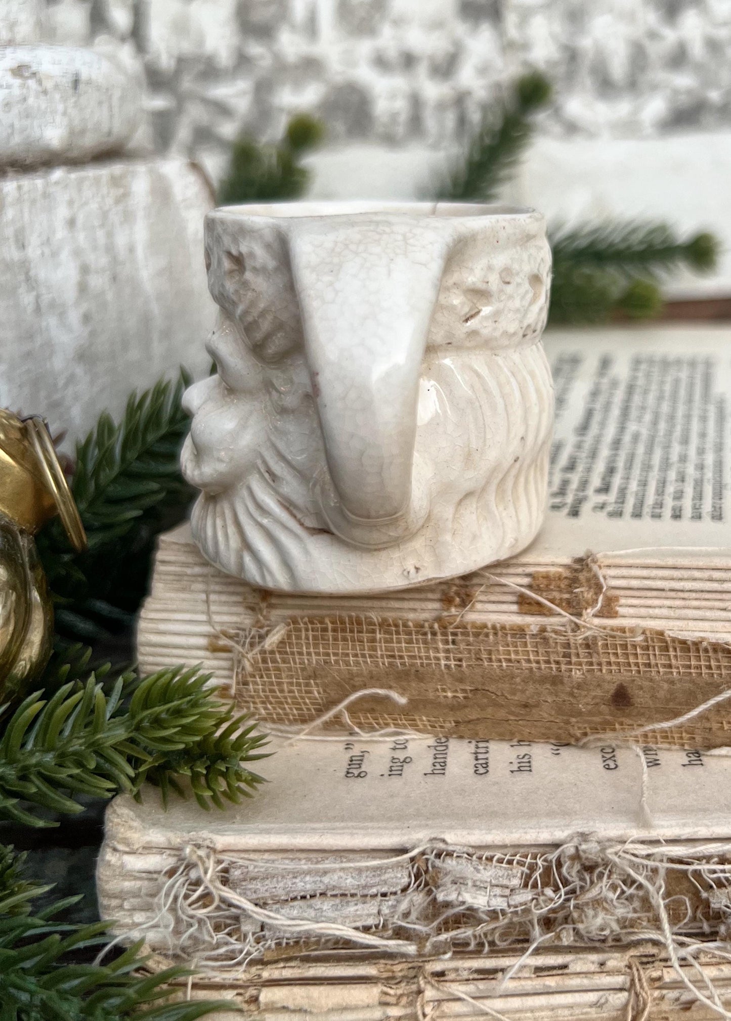 Vintage Ironstone Santa Claus Cup Mini Mug Santa Crazed Stained WHITE Farmhouse Christmas Decor JAPAN