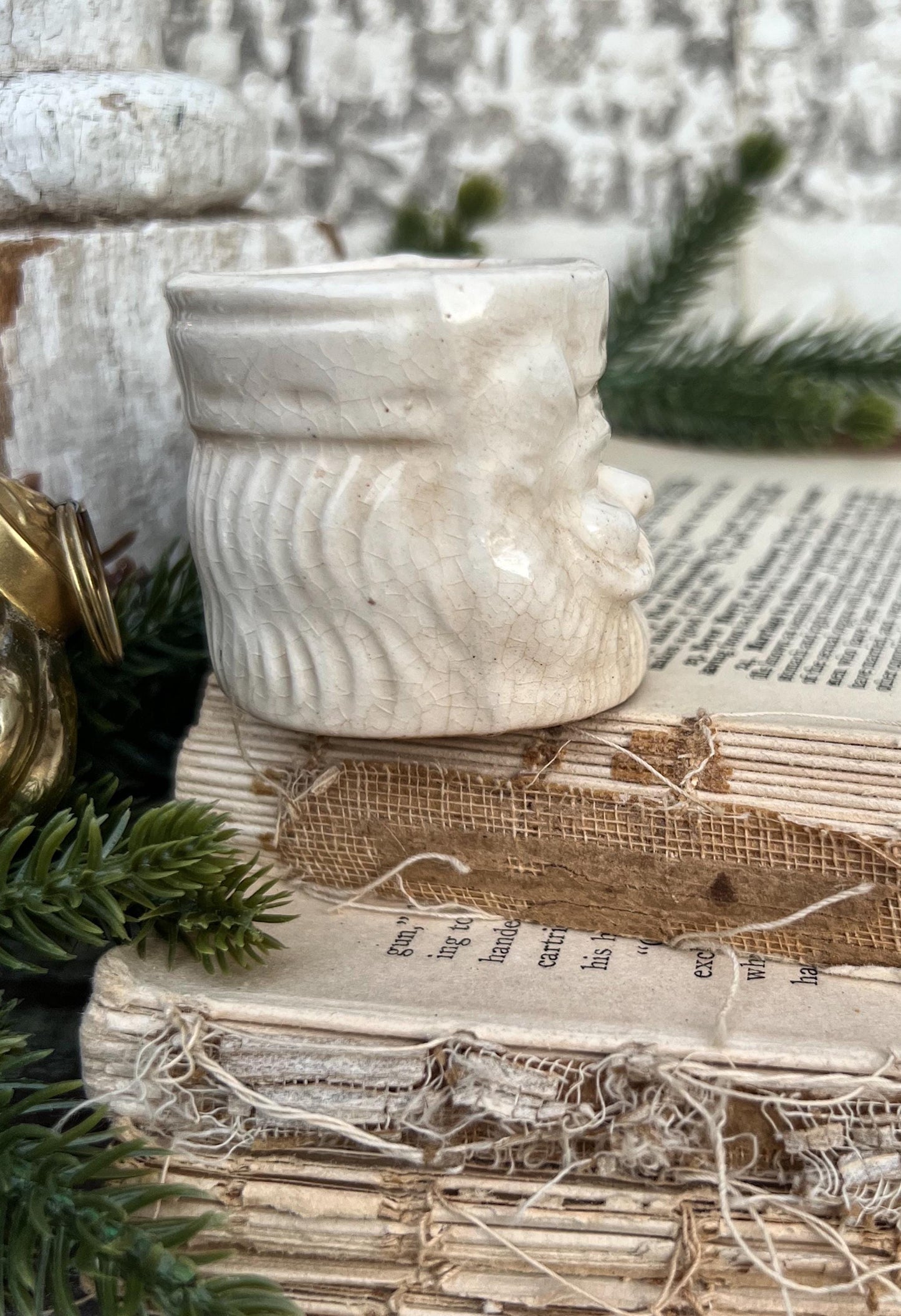 Vintage Ironstone Santa Claus Cup Mini Mug Santa Crazed Stained WHITE Farmhouse Christmas Decor JAPAN