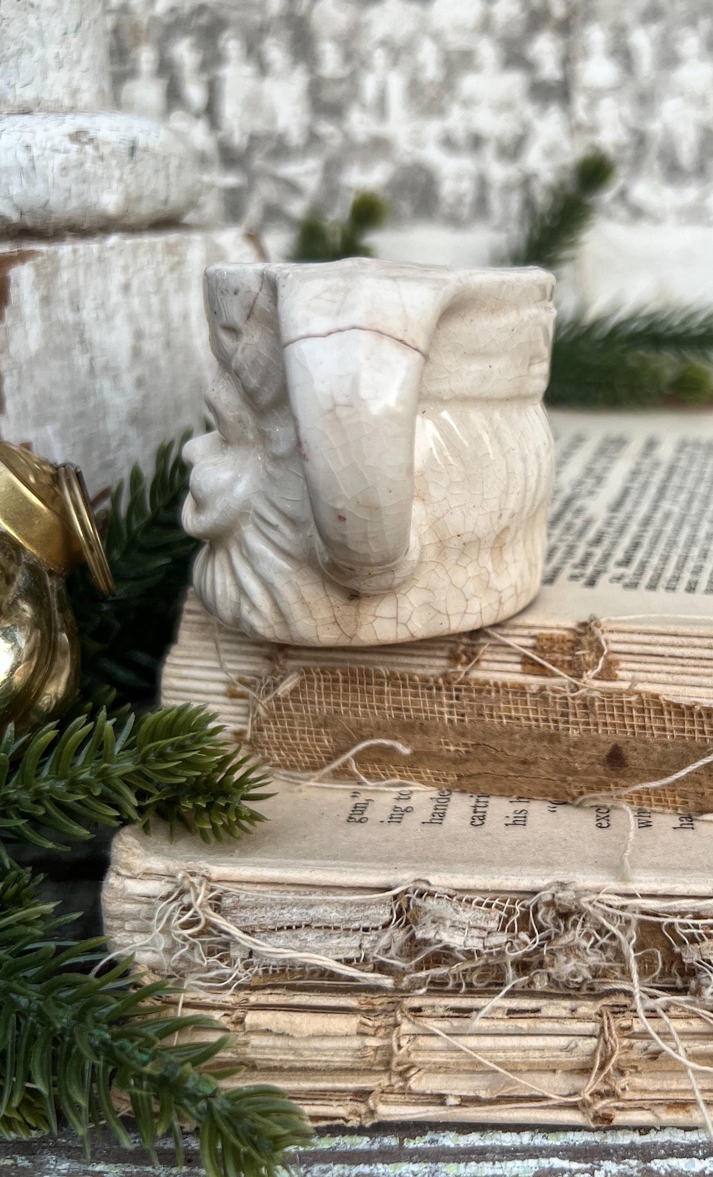 Vintage Ironstone Santa Claus Cup Mini Mug Santa Crazed Stained WHITE Farmhouse Christmas Decor JAPAN
