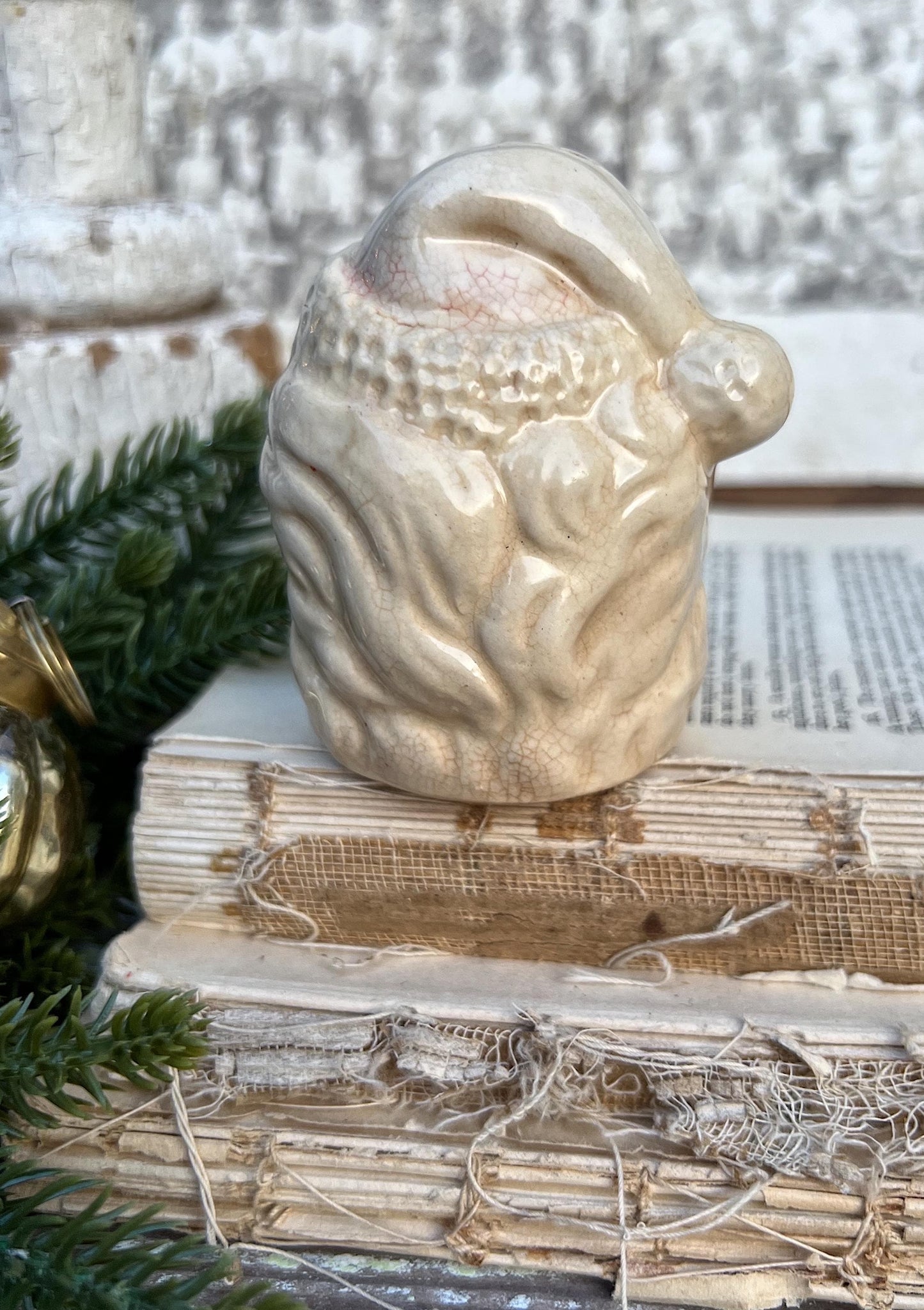 Vintage Ironstone Santa Claus Salt Shaker Creamy WHITE Crazed Stained Farmhouse Christmas Decor
