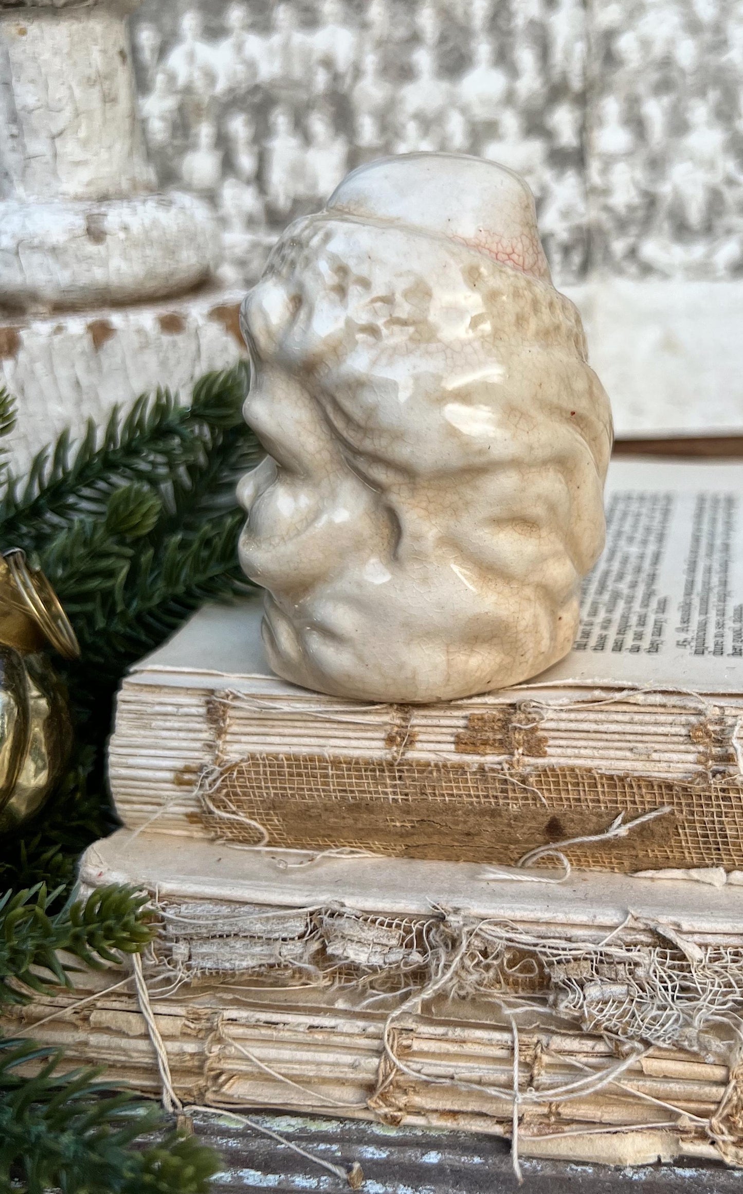 Vintage Ironstone Santa Claus Salt Shaker Creamy WHITE Crazed Stained Farmhouse Christmas Decor
