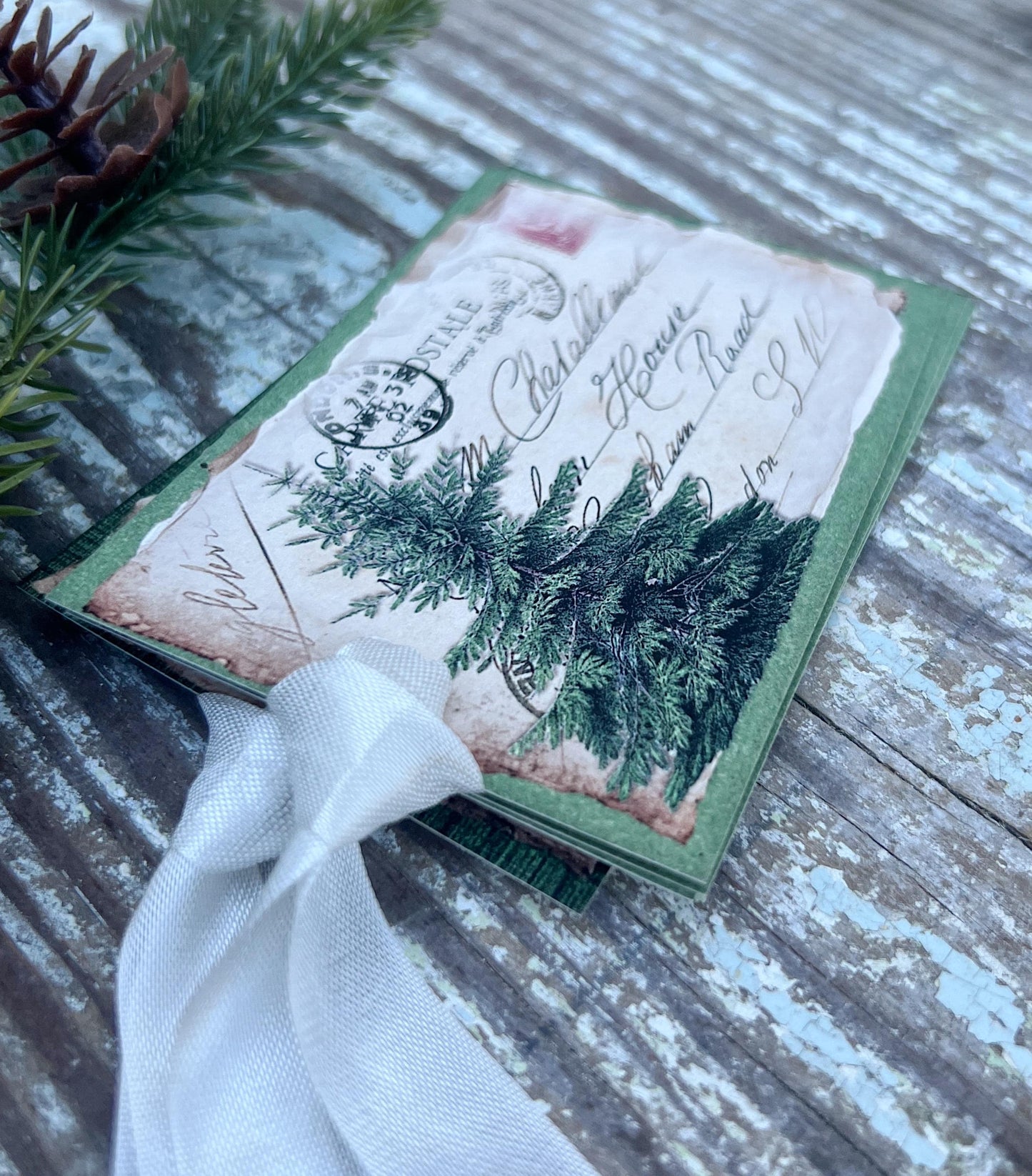Pine TREE Christmas Gift Tags Vintage POST CARD Farmhouse Decor Card French Shabby Gift Wrap Christmas Tree Ornament