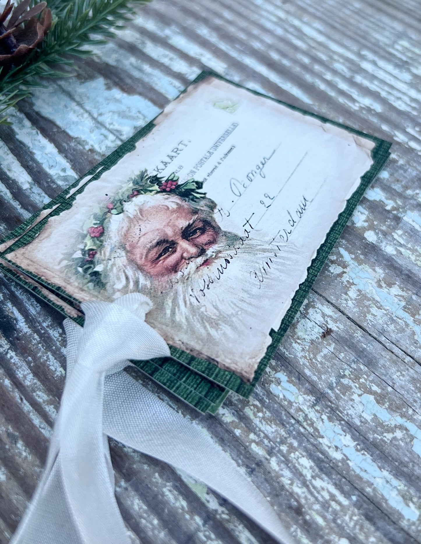 SANTA Christmas Gift Tags Vintage POST CARD Green Wreath Farmhouse Decor Card French Shabby Gift Wrap Christmas Ornament