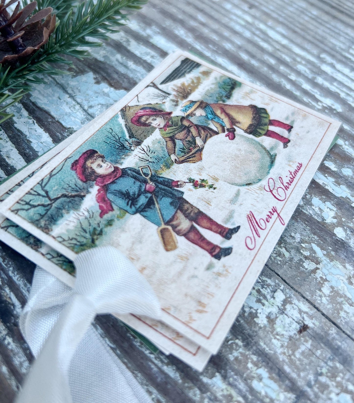 Christmas CHILDREN IN SNOW Vintage Gift Tags Victorian Farmhouse Christmas Decor Card French Shabby Gift Wrap