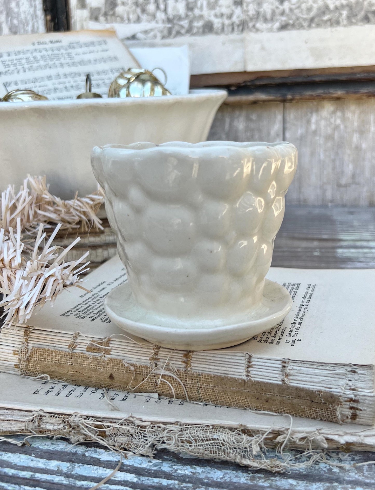 Antique Cream Ivory WHITE BUBBLE Flower Pot With Saucer USA Planter Container Farmhouse Vintage Garden Decor Christmas