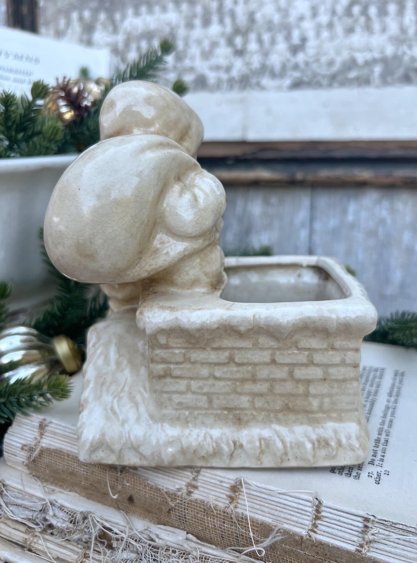 Vintage SANTA CHIMNEY PLANTER Creamy White Ironstone Crazing Grungy Ceramic Container Farmhouse Christmas Decor Japan