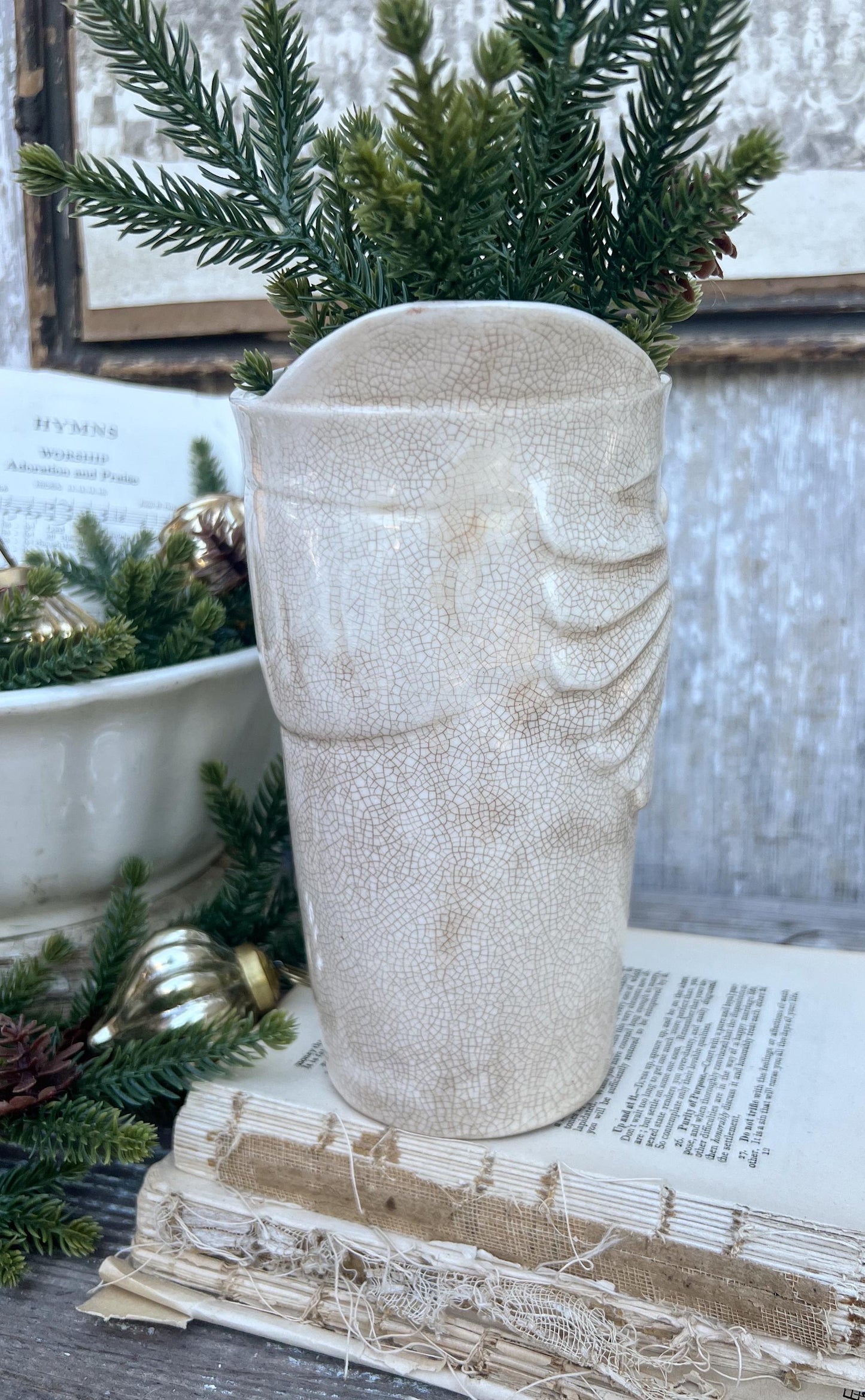 Vintage HOLT HOWARD 1959 Ironstone Santa Claus PITCHER Creamy White Santa Face Farmhouse Christmas Decor Rare Crazing Stained Large