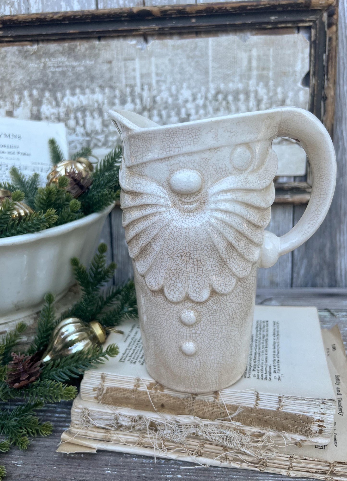 Vintage HOLT HOWARD 1959 Ironstone Santa Claus PITCHER Creamy White Santa Face Farmhouse Christmas Decor Rare Crazing Stained Large