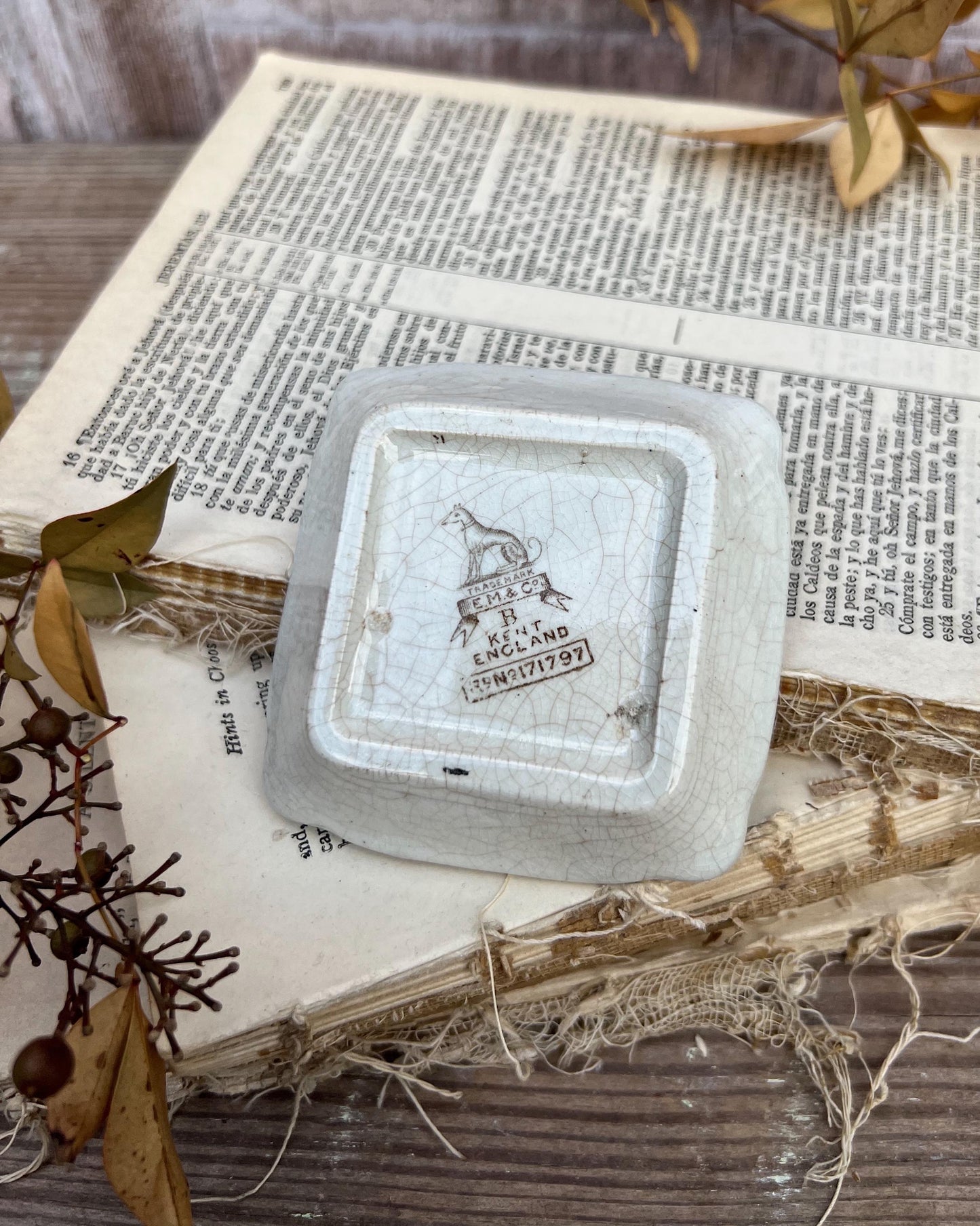 Antique SQUARE White Ironstone Butter Pat BROWN Transferware Floral Farmhouse Decor KENT