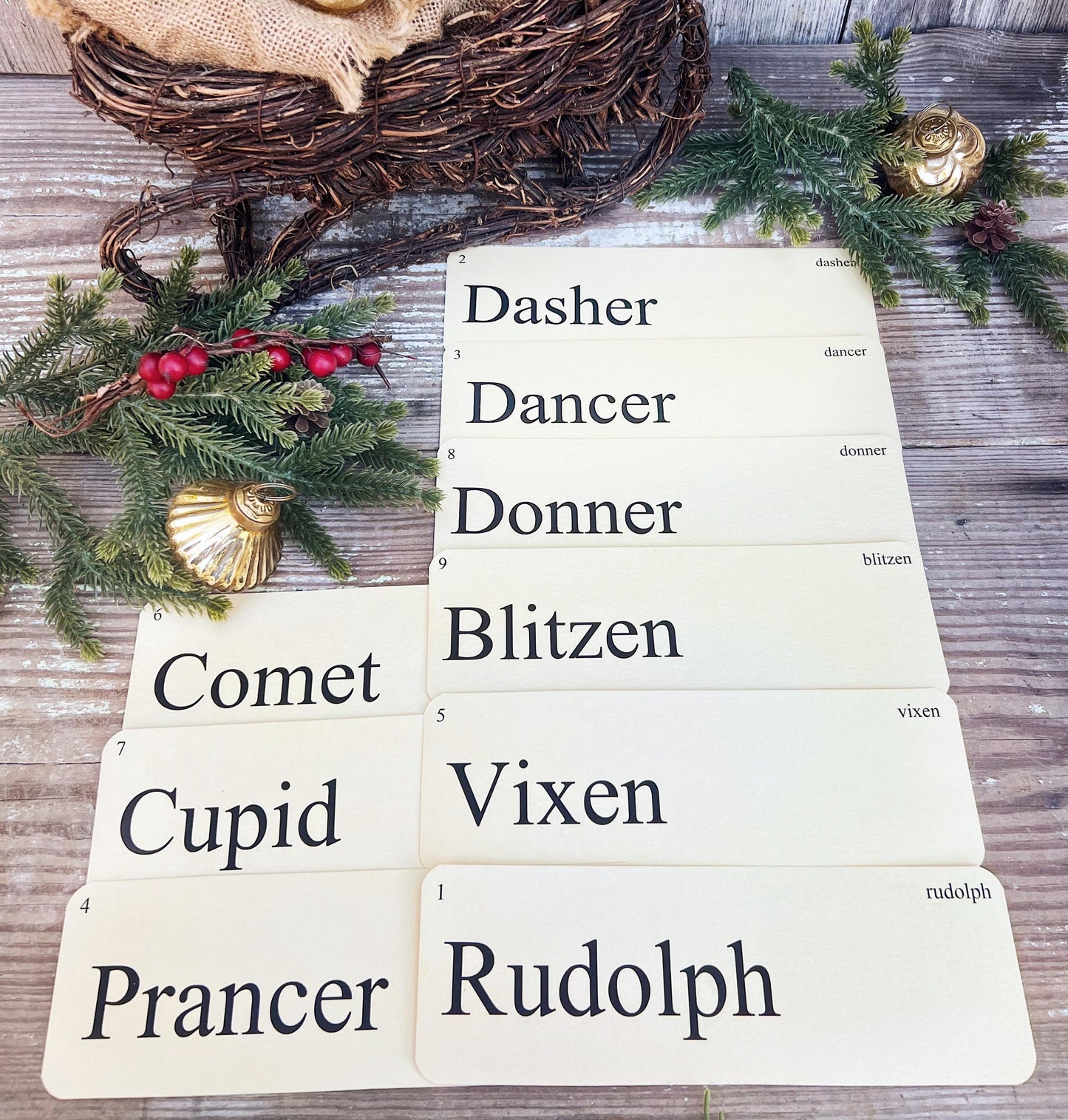 Santa’s REINDEER Christmas Flash Cards LARGE Vintage Inspired Flashcard Set Of 9 Farmhouse Decor Holiday Primitive Retro Christmas