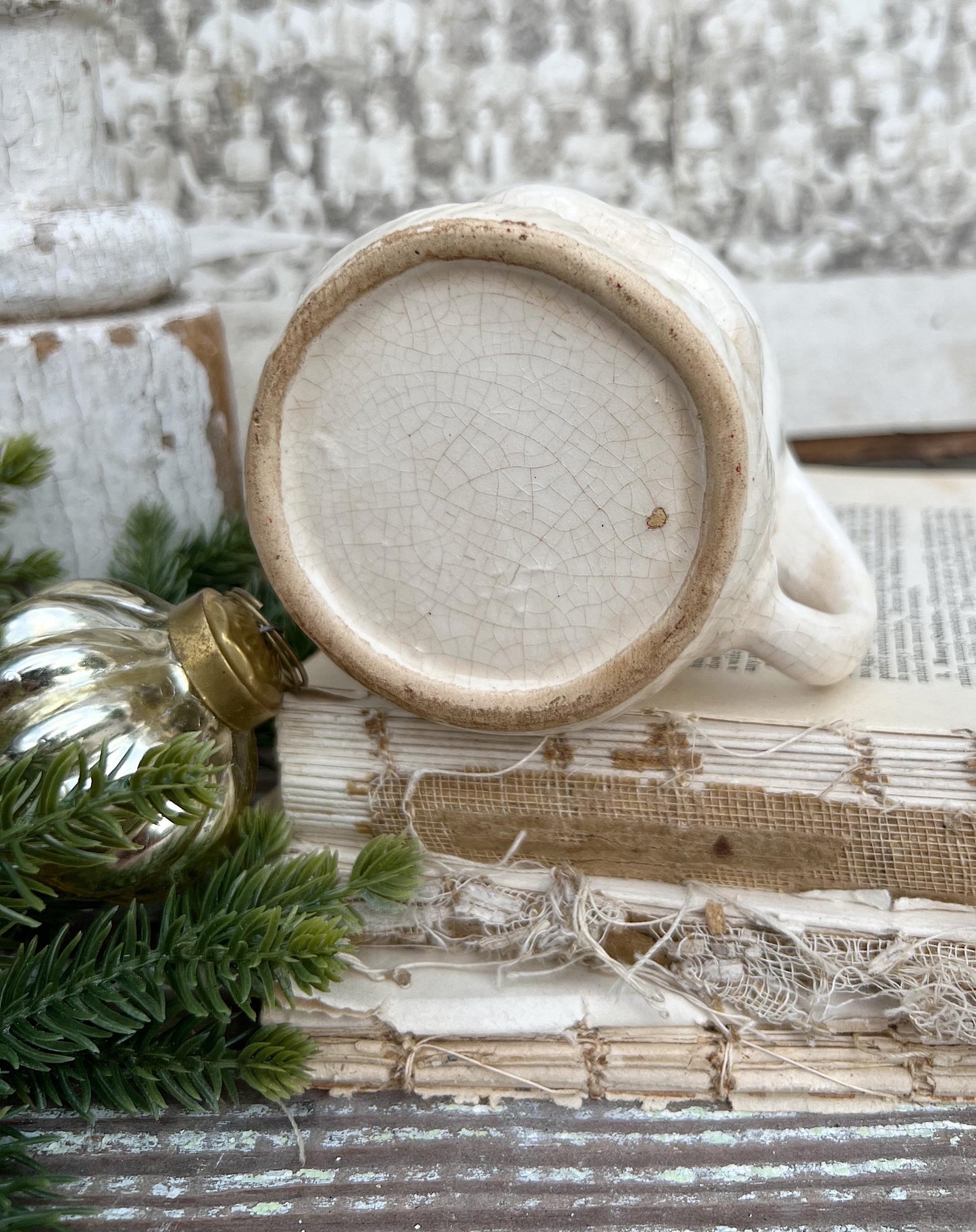 Vintage Ironstone Santa Claus Cup Mug FULL SIZE Creamy White Santa Farmhouse Christmas Decor RARE Japan Crazing Grungy Crazed