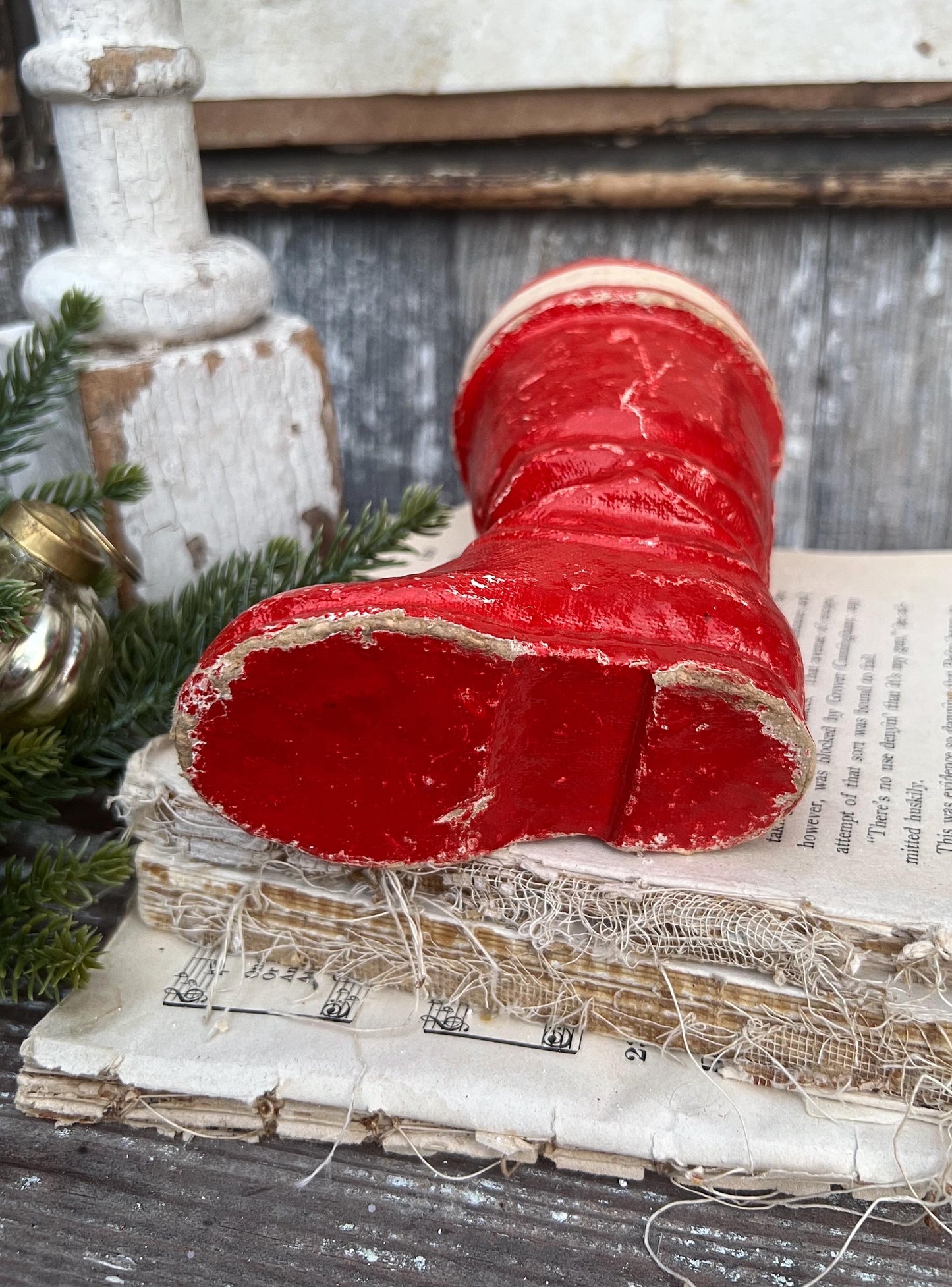 Vintage RED SANTA BOOT Planter Paper Mache Container Farmhouse Christmas Decor Retro