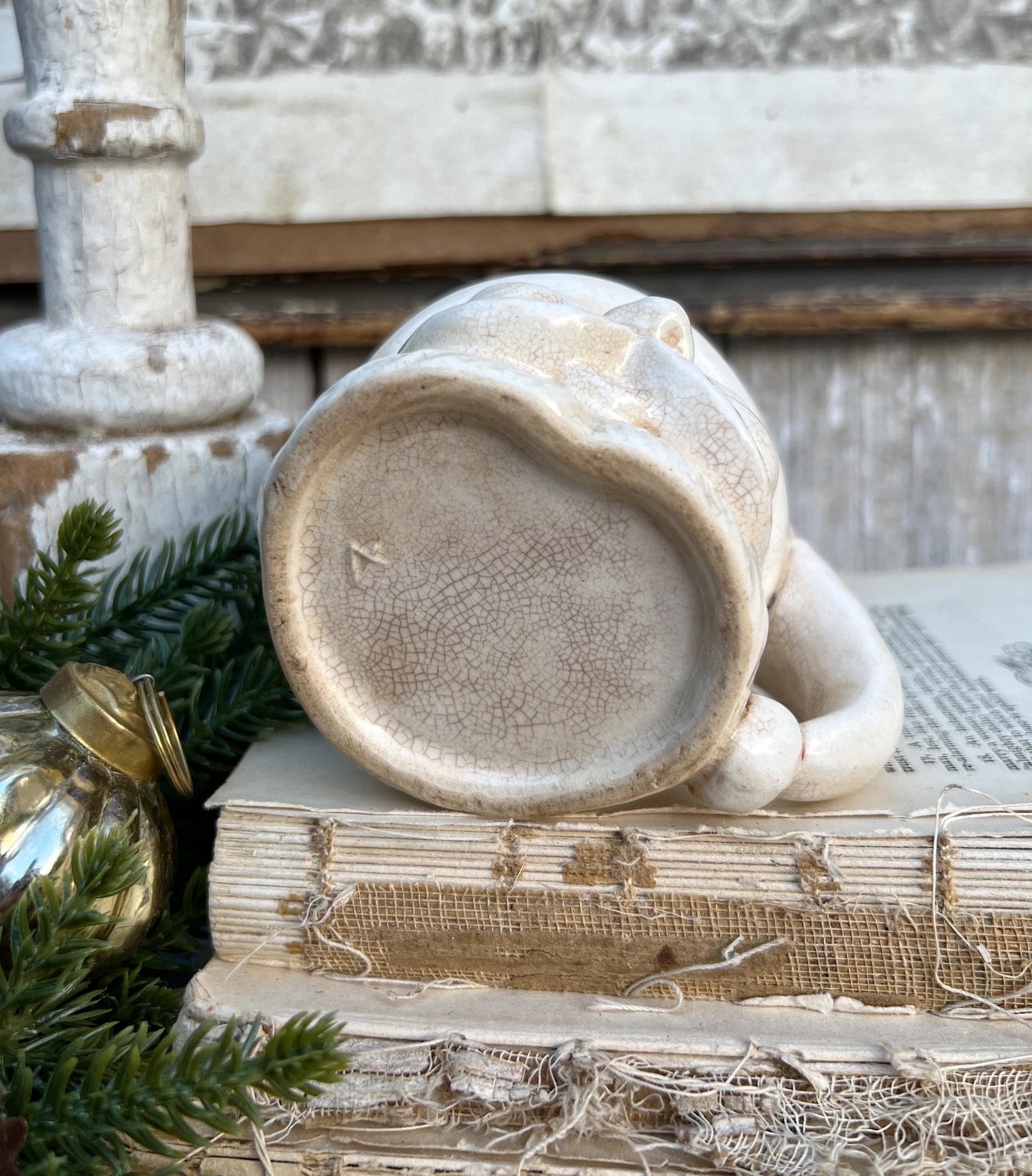 Vintage Ironstone Santa Claus Cup Mug FULL SIZE Creamy White Santa Farmhouse Christmas Decor RARE Japan Crazing Grungy Crazed