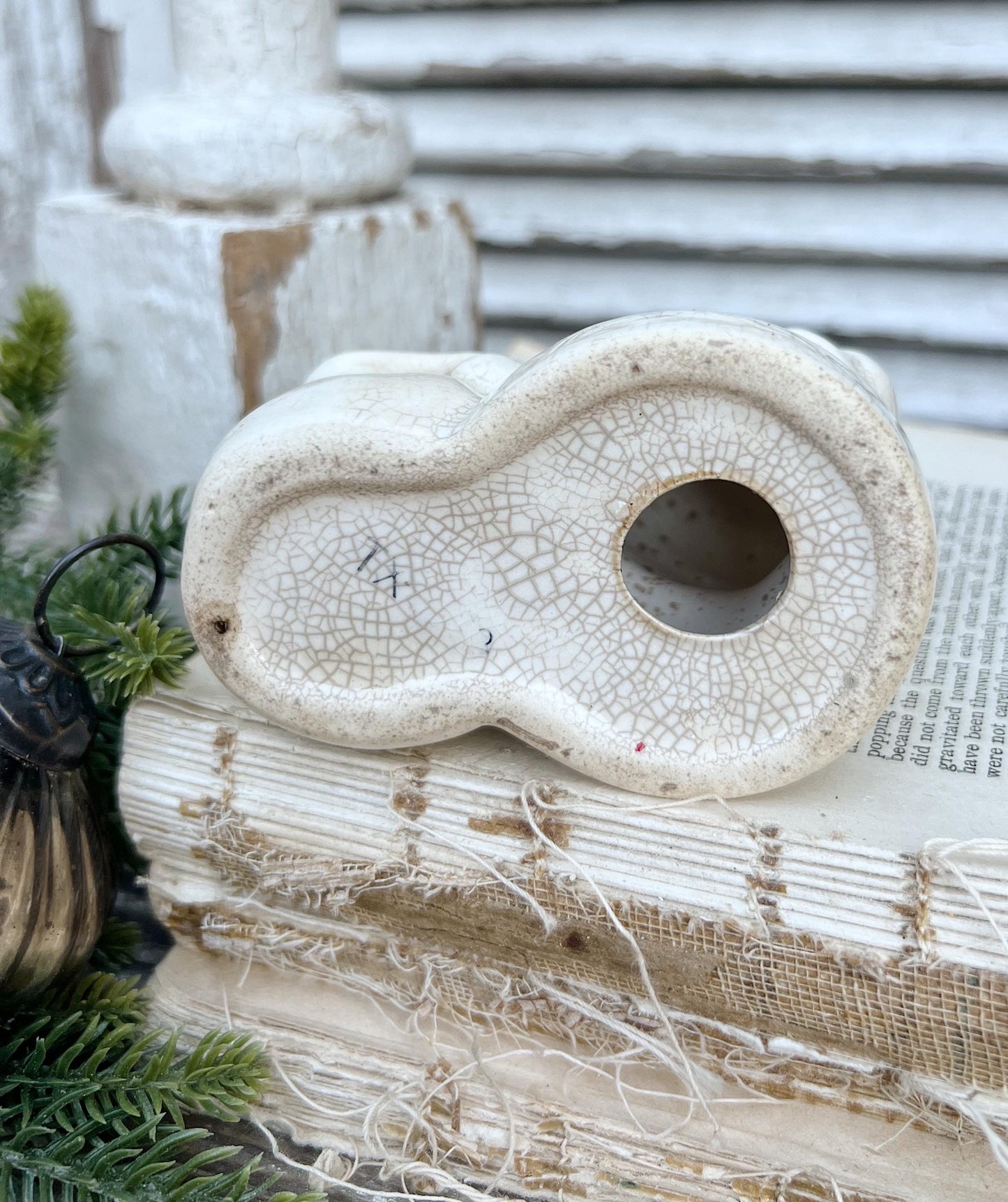 Vintage Ironstone Santa Claus Candle Holder Creamy WHITE Farmhouse Christmas Decor Stained Crazing BRINNS Crazed Stained