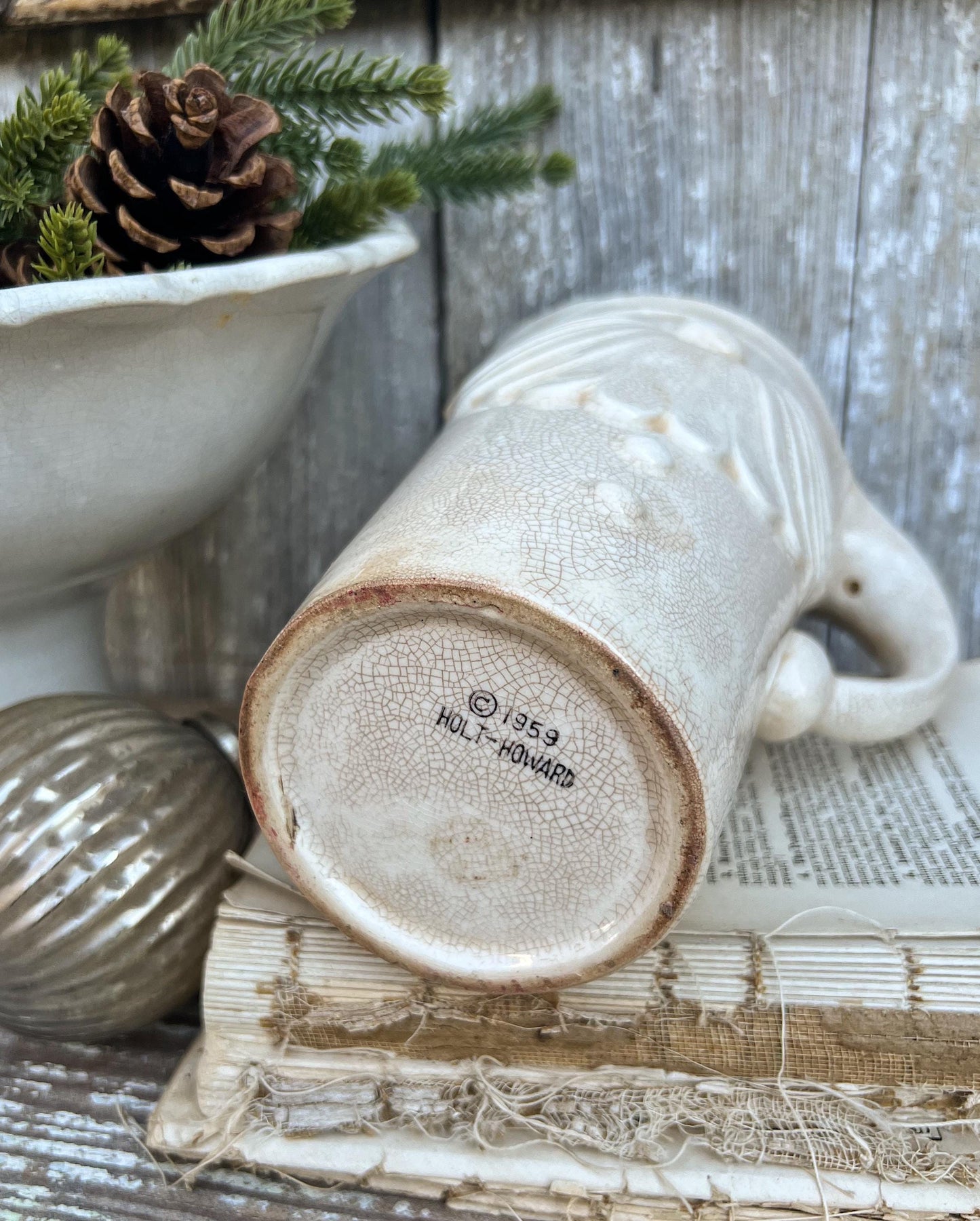 Vintage HOLT HOWARD 1959 Ironstone Santa Claus PITCHER Creamy White Santa Face Farmhouse Christmas Decor Rare Crazing Stained Large