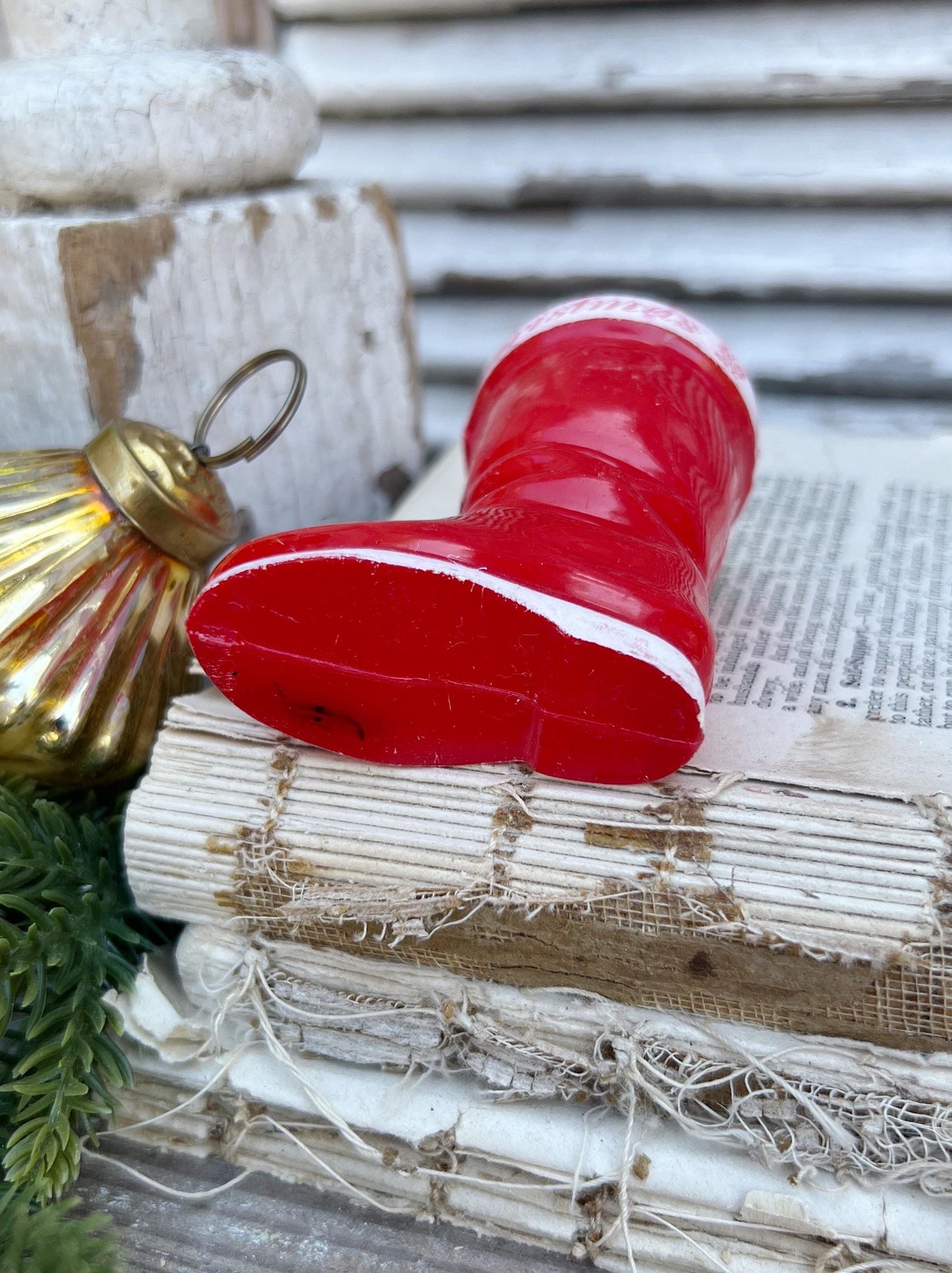 Vintage RED SANTA BOOT Planter Plastic with Merry Christmas Banner Trim Farmhouse Christmas Decor Retro Kitschy Candy Holder