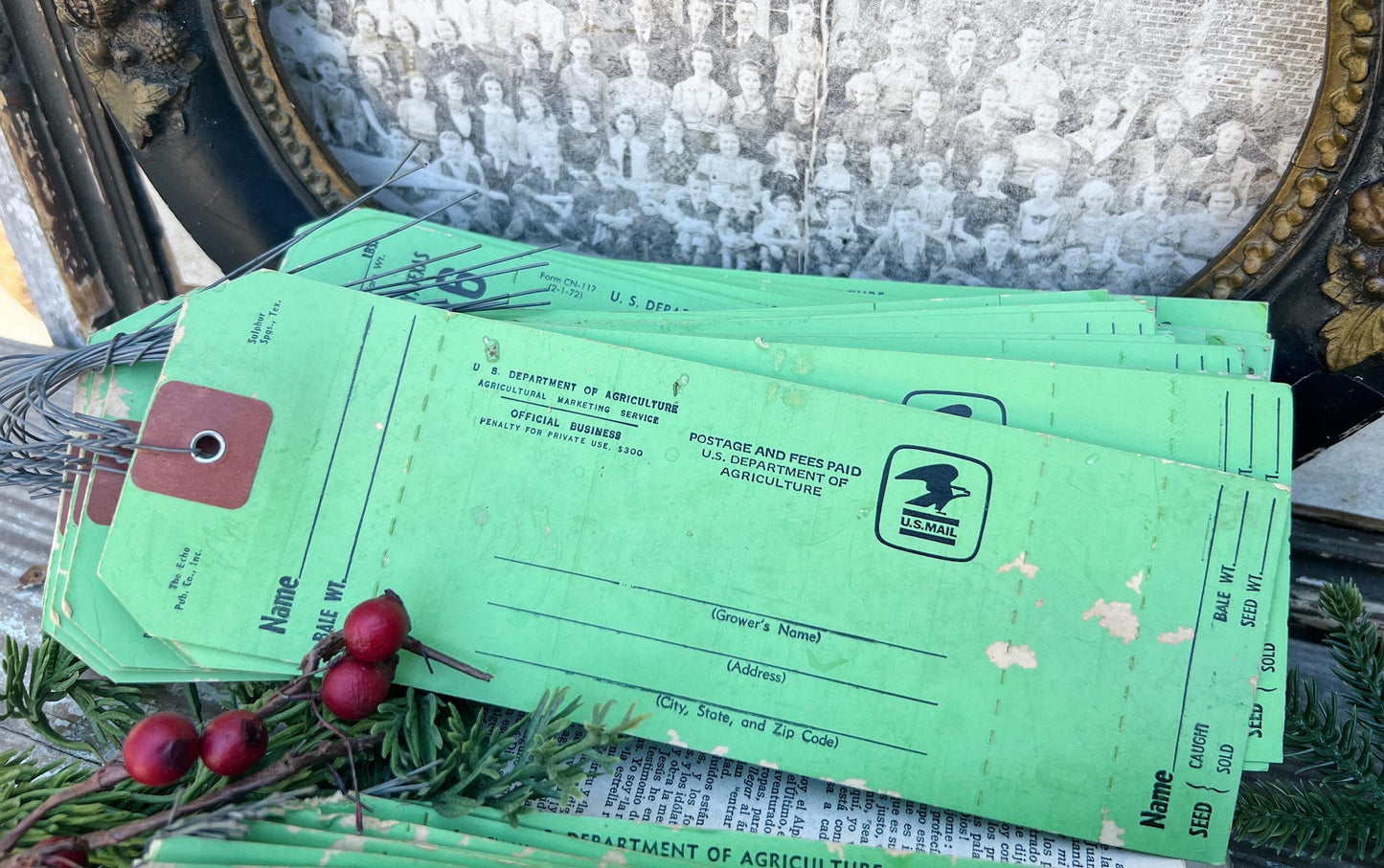 5 Vintage COTTON GIN Bale Tags GREEN Numbered Farmhouse Holiday Christmas Decoration Bundle of 5 Department Agriculture Texas