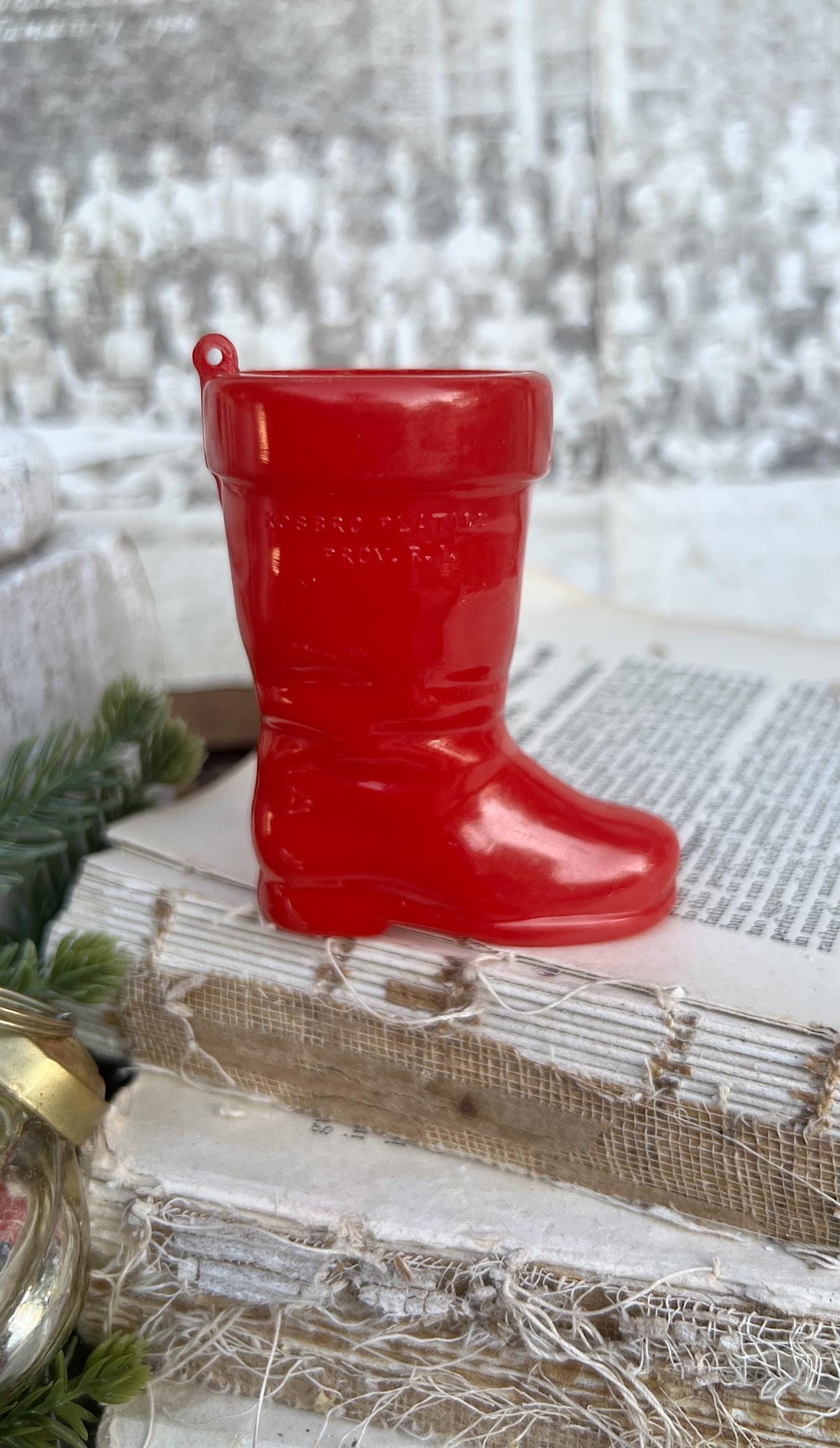 Vintage RED SANTA BOOT Planter Plastic with Merry Christmas Banner Trim Farmhouse Christmas Decor Retro Kitschy Candy Holder