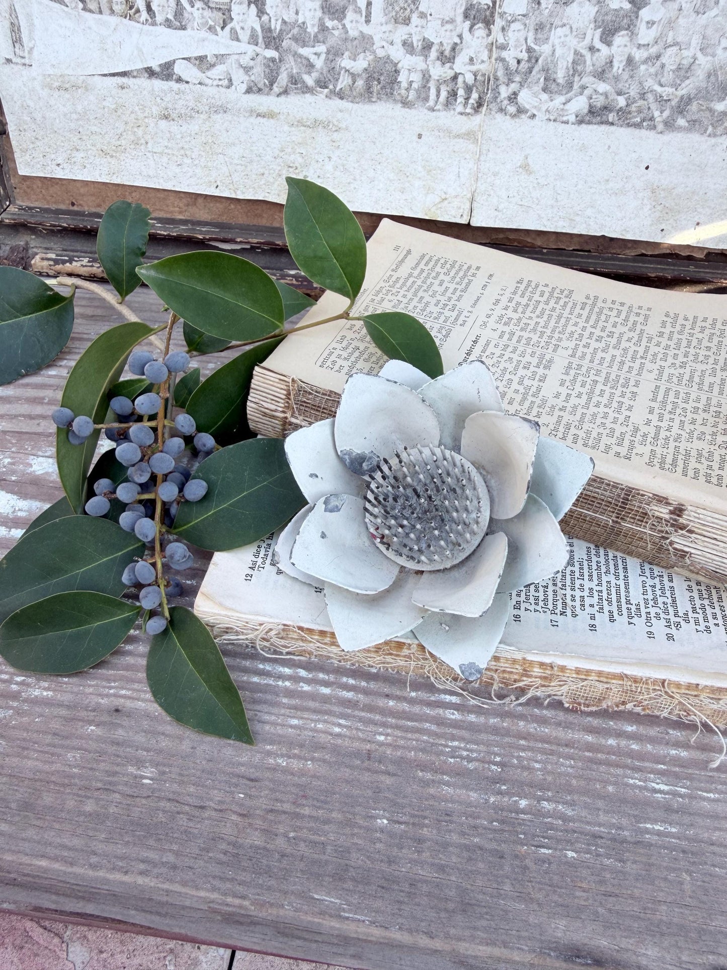 Antique White Lotus Metal Floral Frog Holder, Farmhouse Garden Decor