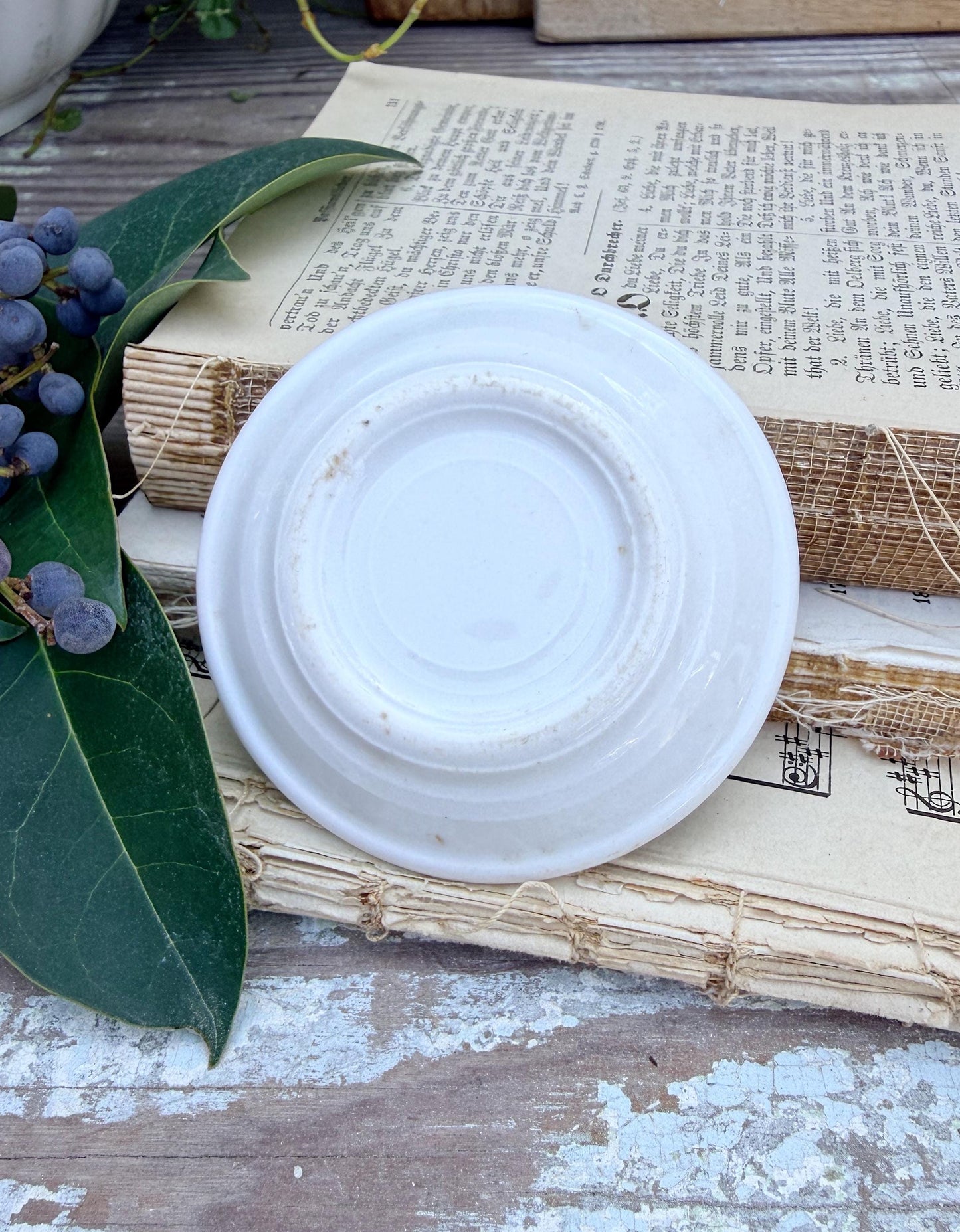 Antique Ironstone Butter Pat Chunky Transferware Green White Floral Farmhouse Decor